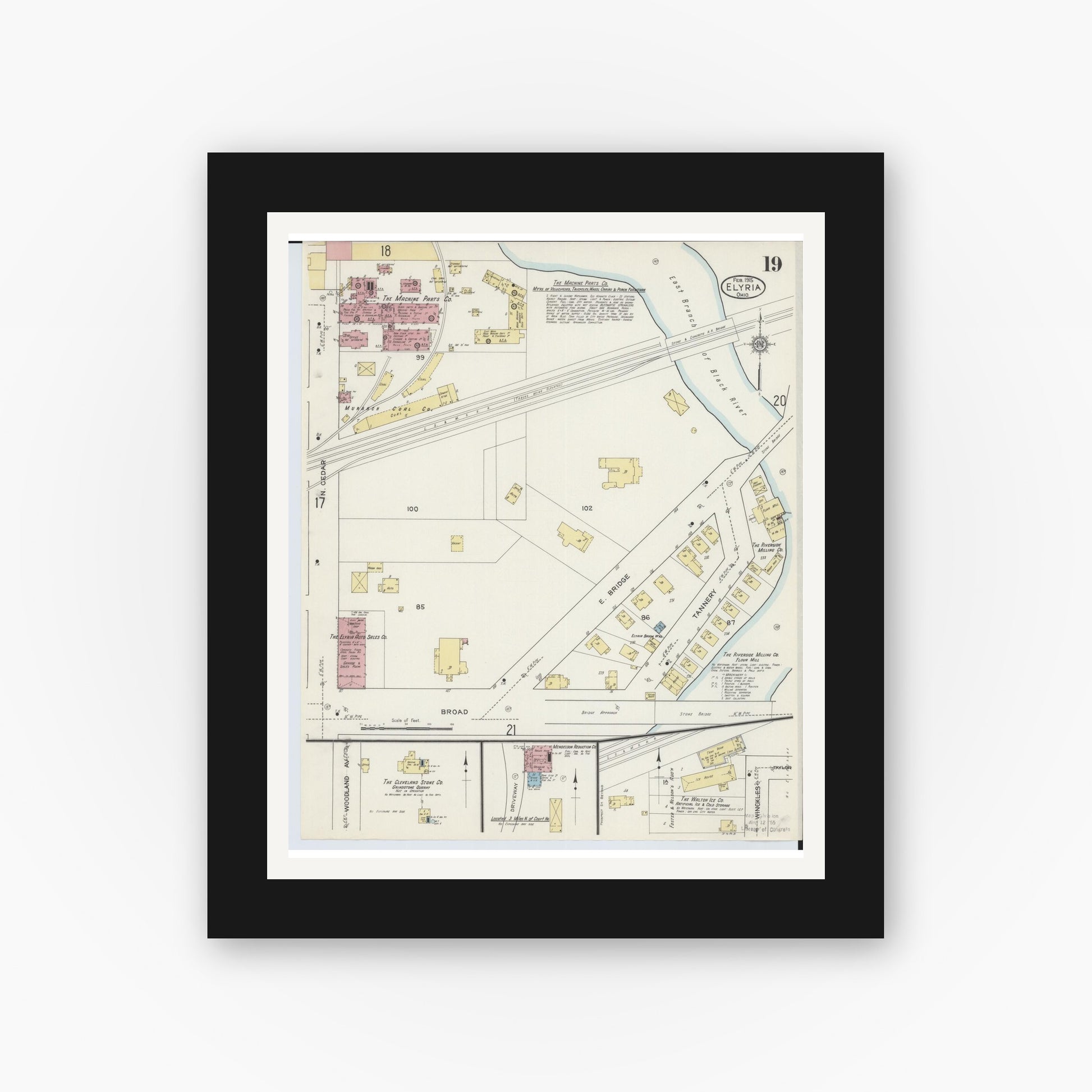 Old map wall art mockup — black gallery frame with white mat — Sanborn Fire Insurance Map from Elyria, Lorain County, Ohio (1915), Sheet #0019