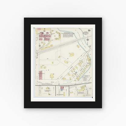 Old map wall art mockup — black gallery frame with white mat — Sanborn Fire Insurance Map from Elyria, Lorain County, Ohio (1915), Sheet #0019