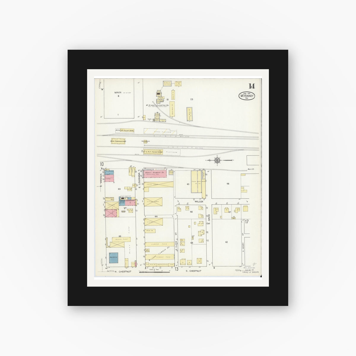 Old map wall art mockup — black gallery frame with white mat — Sanborn Fire Insurance Map from McKinney, Collin County, Texas (1914), Sheet #0014