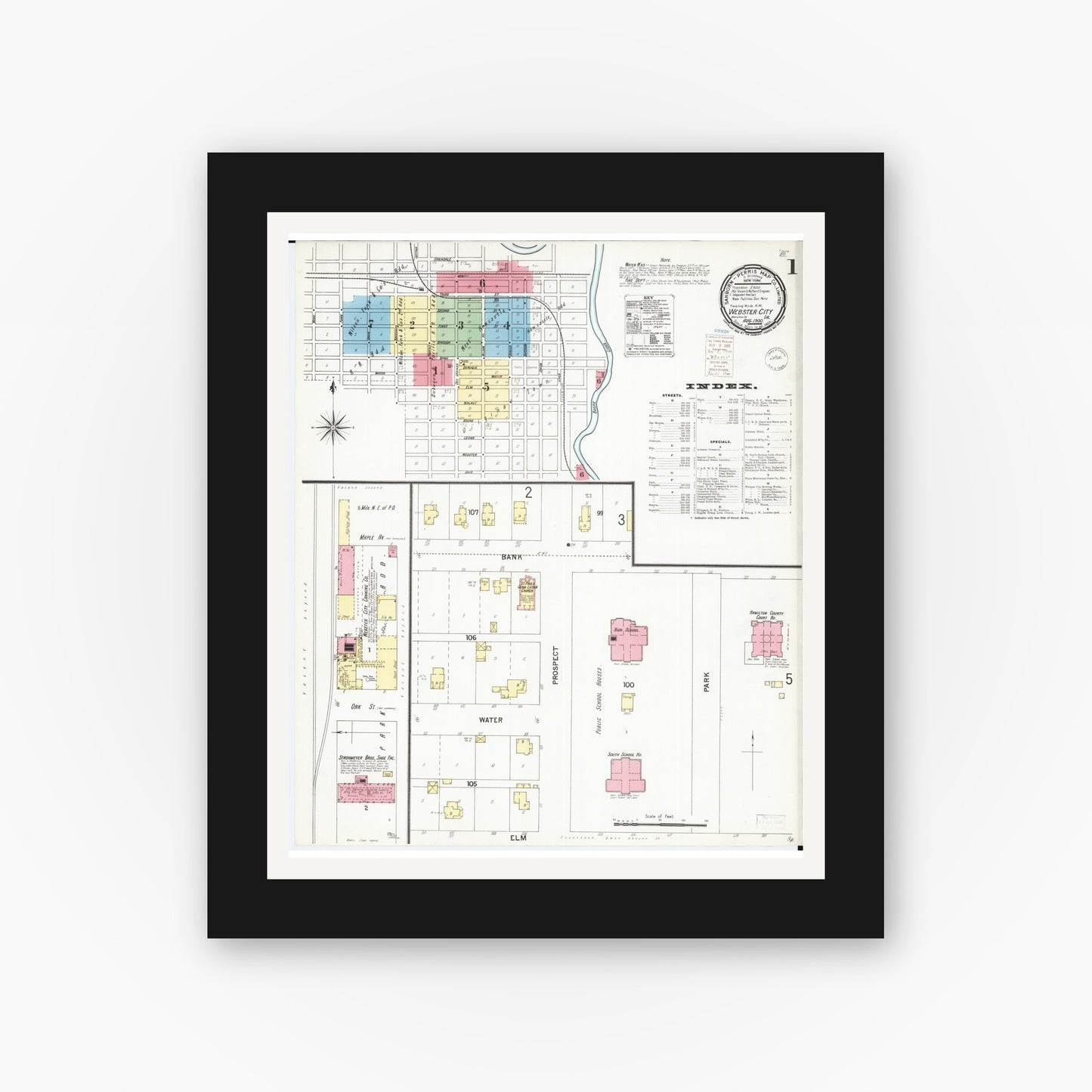 Old map wall art mockup — black gallery frame with white mat — Sanborn Fire Insurance Map from Webster City, Hamilton County, Iowa (1900), Sheet #0001