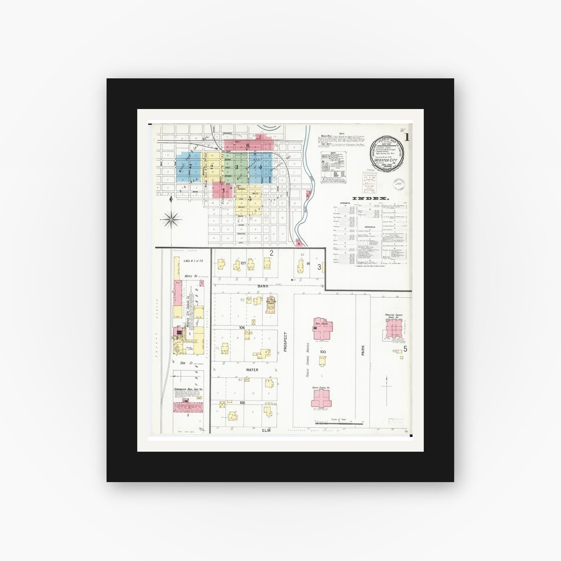 Old map wall art mockup — black gallery frame with white mat — Sanborn Fire Insurance Map from Webster City, Hamilton County, Iowa (1900), Sheet #0001
