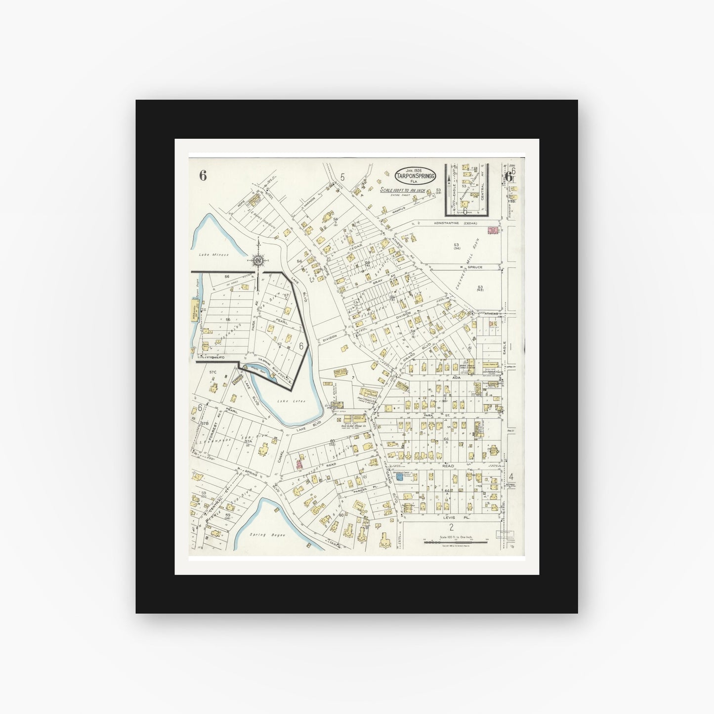 Old map wall art mockup — black gallery frame with white mat — Sanborn Fire Insurance Map from Tarpon Springs, Pinellas County, Florida (1926), Sheet #0006