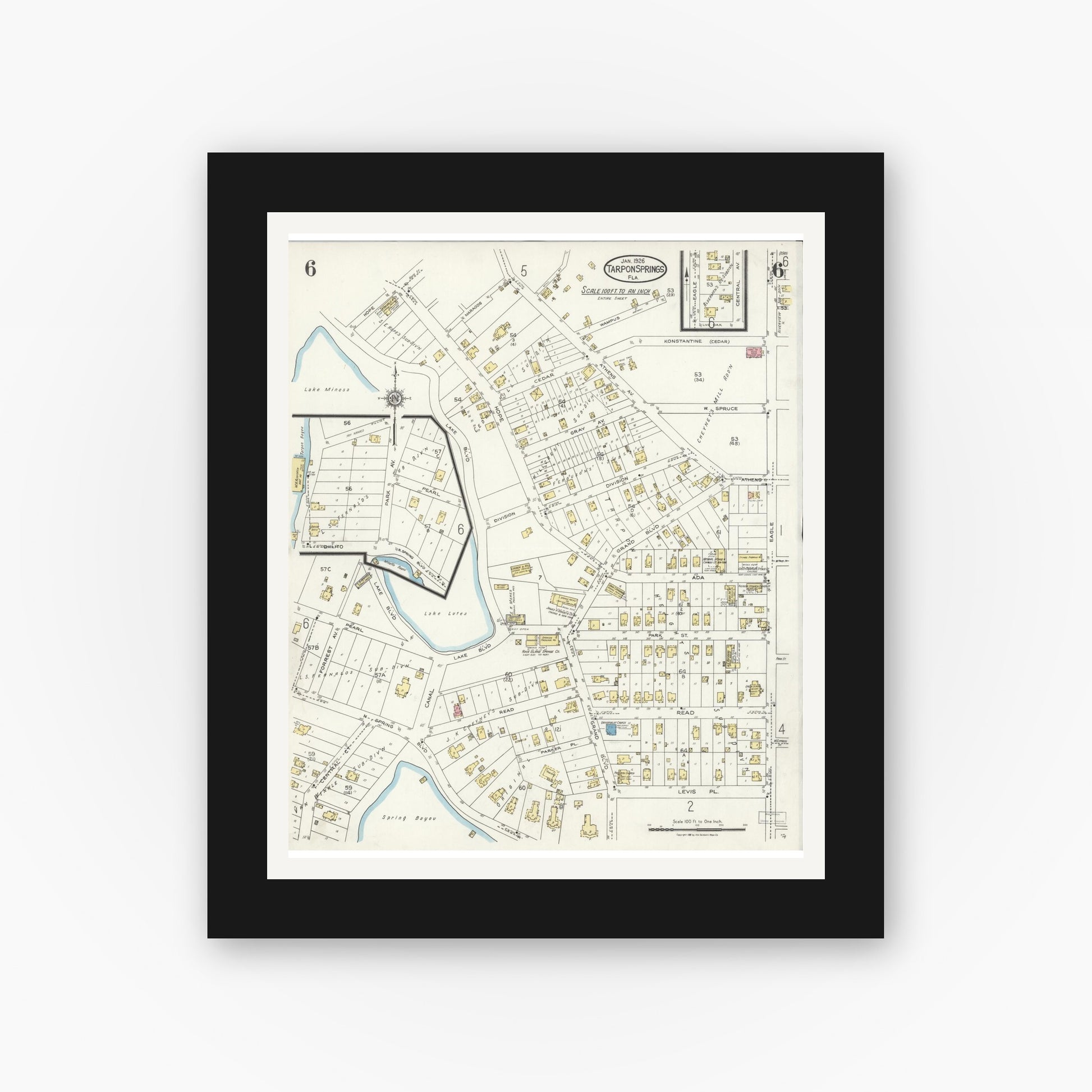 Old map wall art mockup — black gallery frame with white mat — Sanborn Fire Insurance Map from Tarpon Springs, Pinellas County, Florida (1926), Sheet #0006