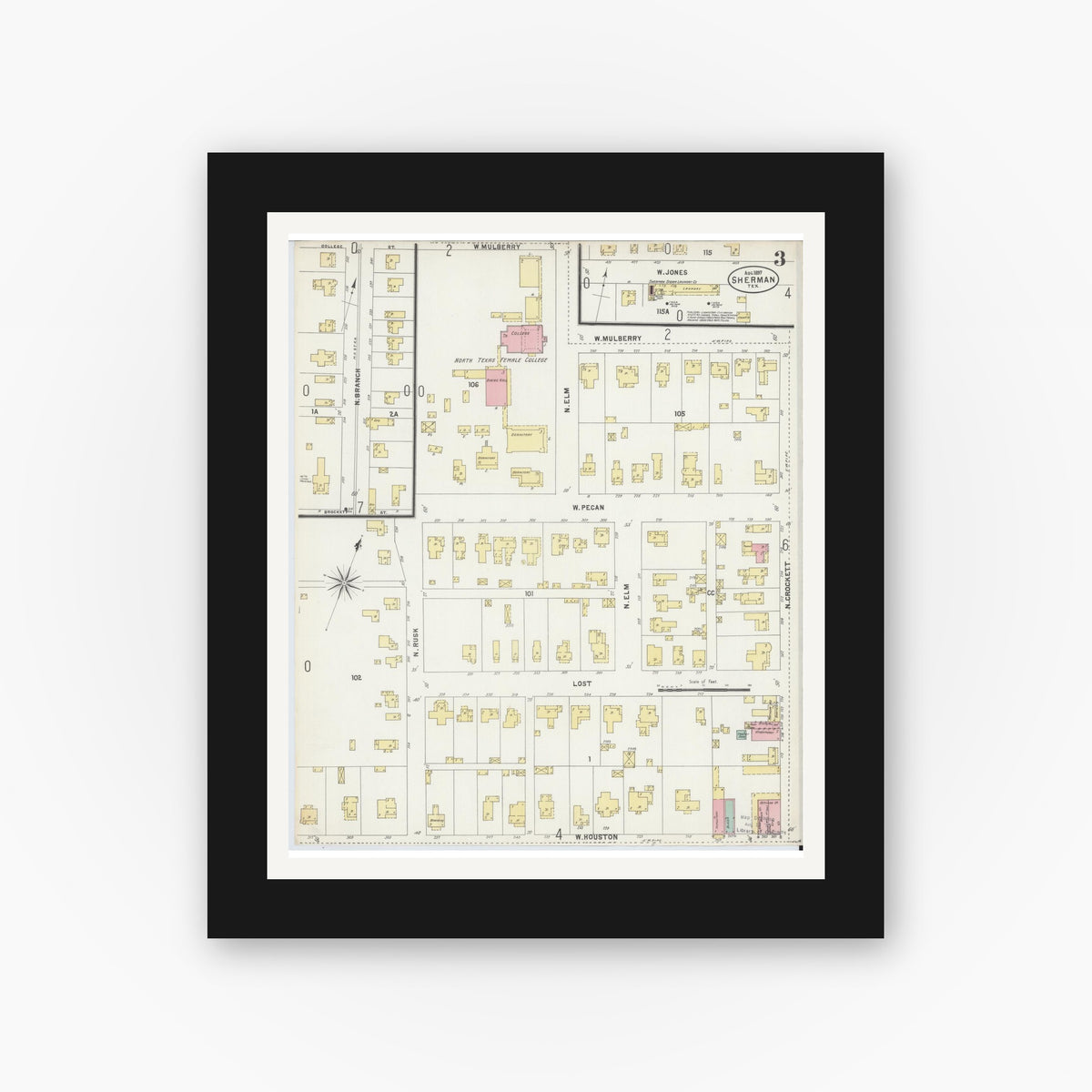 Old map wall art mockup — black gallery frame with white mat — Sanborn Fire Insurance Map from Sherman, Grayson County, Texas (1897), Sheet #0003