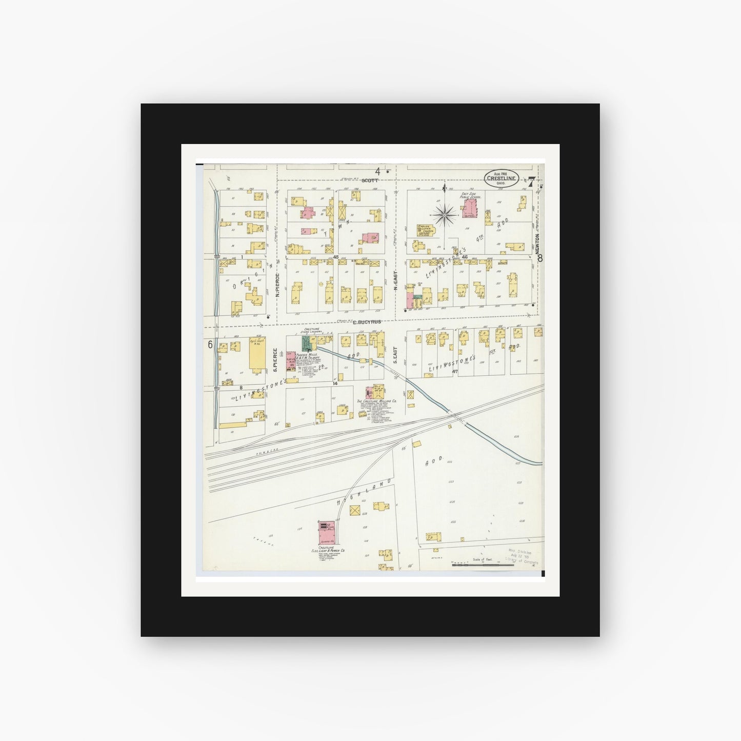Old map wall art mockup — black gallery frame with white mat — Sanborn Fire Insurance Map from Crestline, Crawford County, Ohio (1901), Sheet #0007