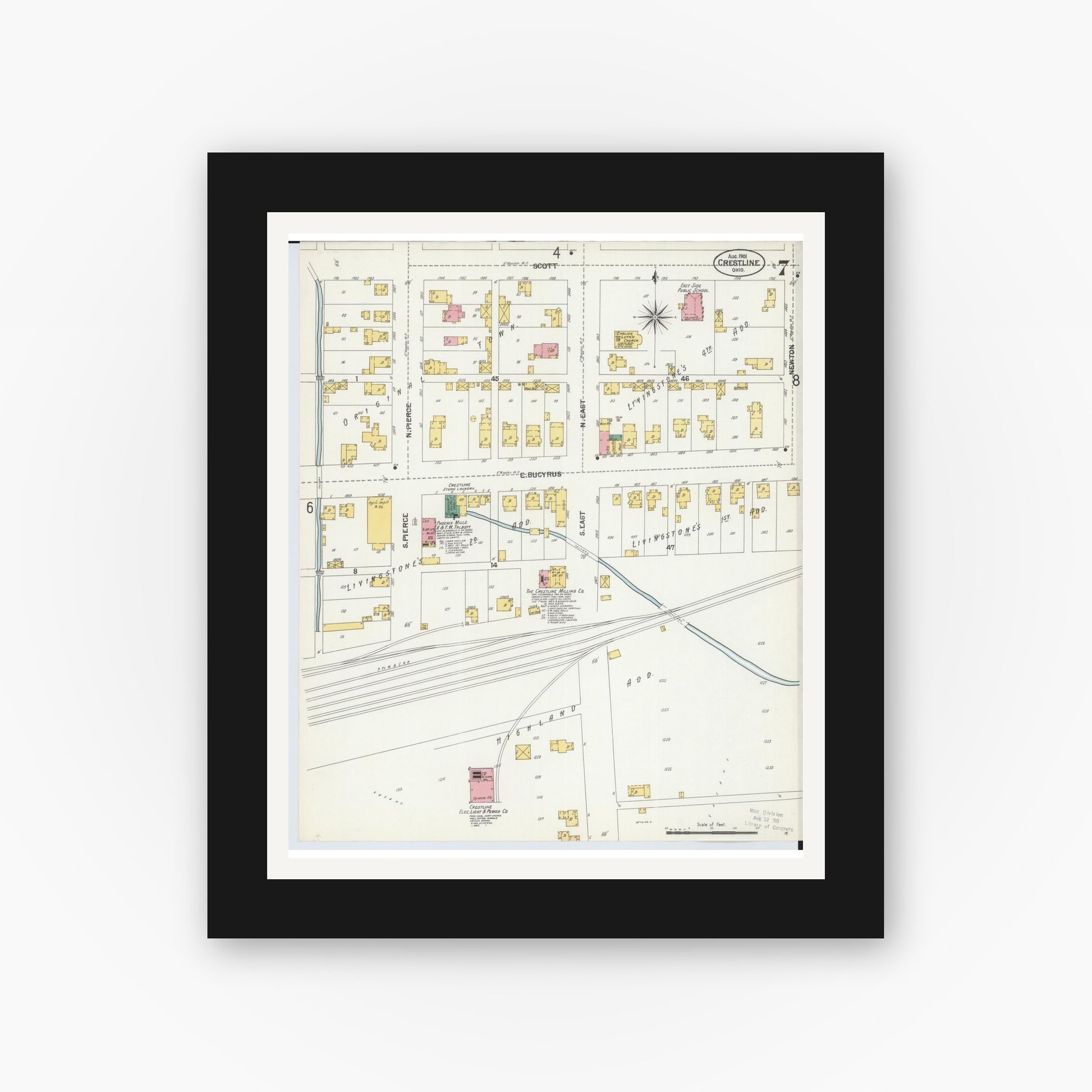 Old map wall art mockup — black gallery frame with white mat — Sanborn Fire Insurance Map from Crestline, Crawford County, Ohio (1901), Sheet #0007
