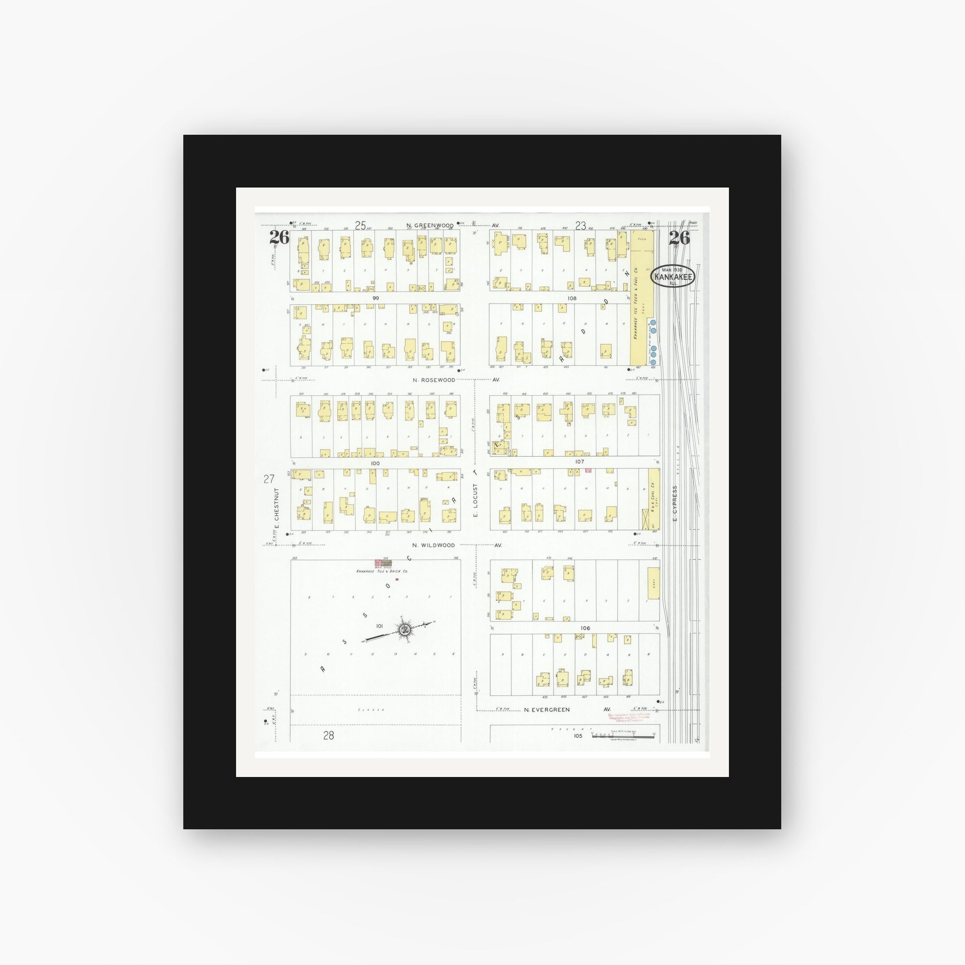 Old map wall art mockup — black gallery frame with white mat — Sanborn Fire Insurance Map from Kankakee, Kankakee County, Illinois (1930), Sheet #0026
