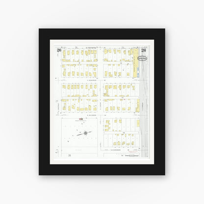 Old map wall art mockup — black gallery frame with white mat — Sanborn Fire Insurance Map from Kankakee, Kankakee County, Illinois (1930), Sheet #0026