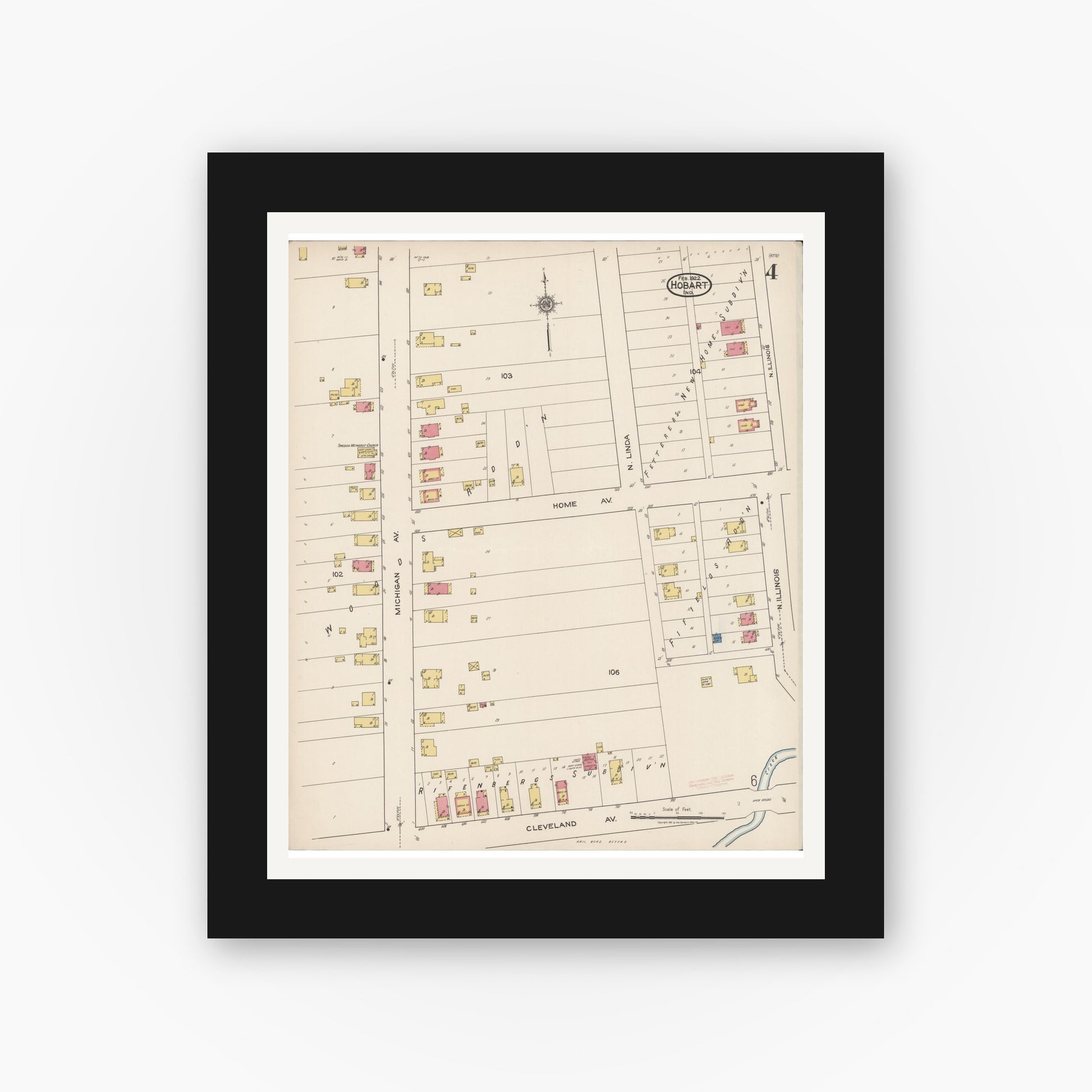 Old map wall art mockup — black gallery frame with white mat — Sanborn Fire Insurance Map from Hobart, Lake County, Indiana (1922), Sheet #0004