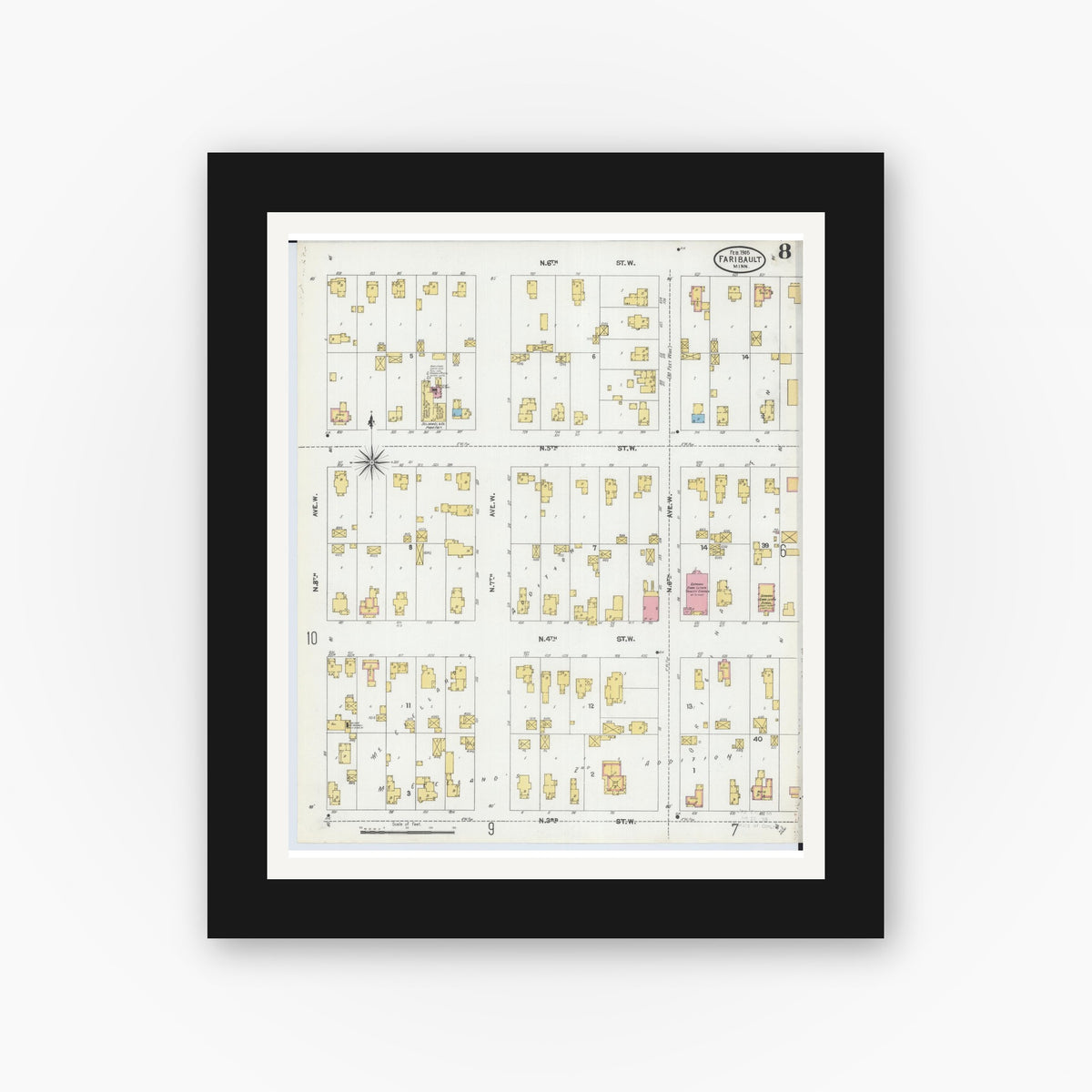 Old map wall art mockup — black gallery frame with white mat — Sanborn Fire Insurance Map from Faribault, Rice County, Minnesota (1905), Sheet #0008