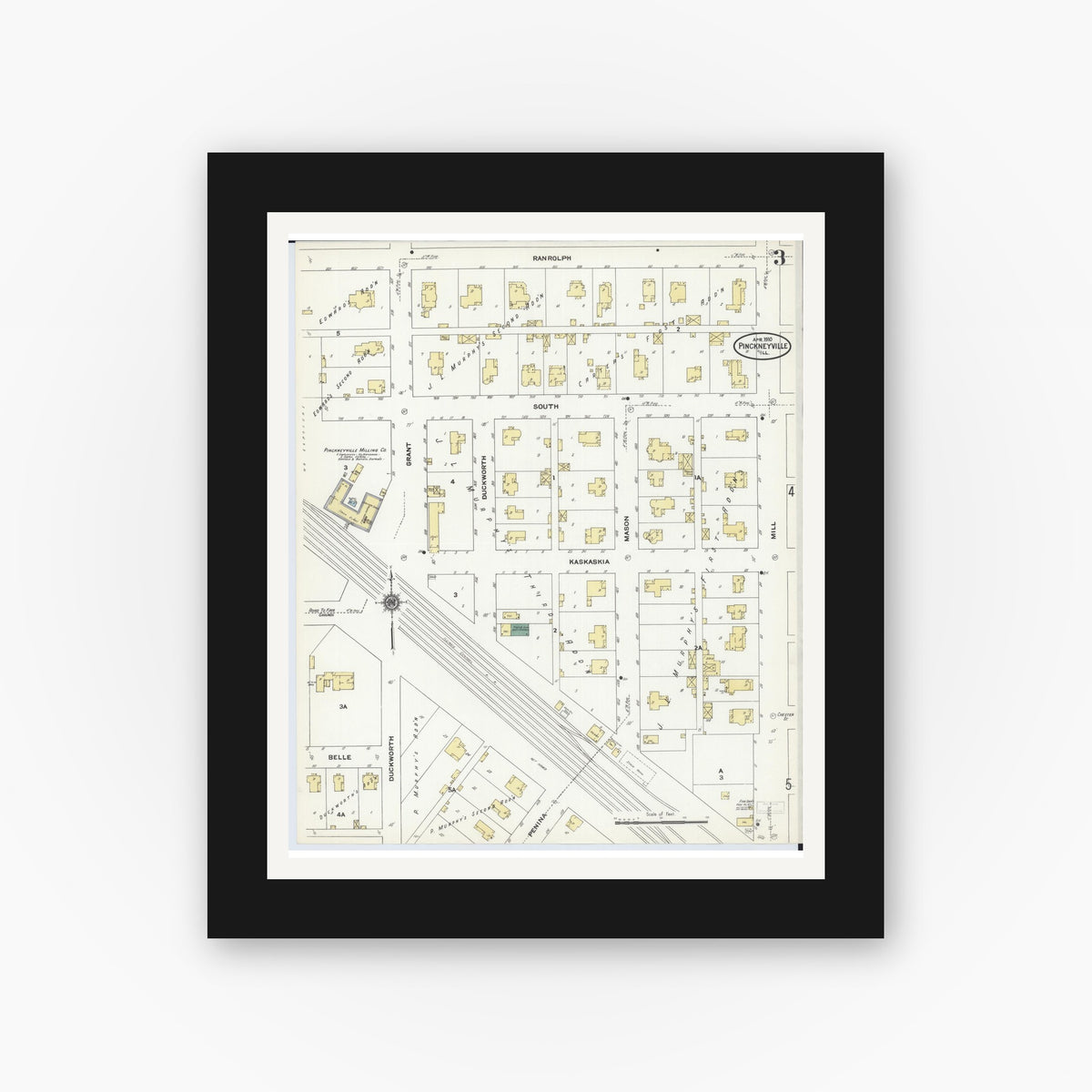 Old map wall art mockup — black gallery frame with white mat — Sanborn Fire Insurance Map from Pinckneyville, Perry County, Illinois (1910), Sheet #0003