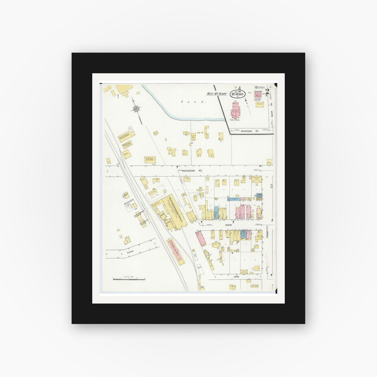 Old map wall art mockup — black gallery frame with white mat — Sanborn Fire Insurance Map from McHenry, McHenry County, Illinois (1912), Sheet #0002