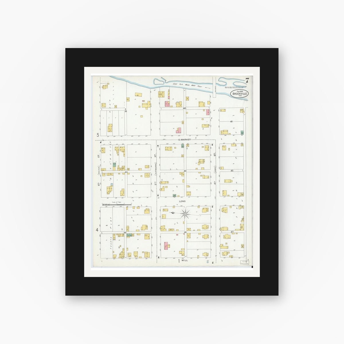 Old map wall art mockup — black gallery frame with white mat — Sanborn Fire Insurance Map from Brookville, Franklin County, Indiana (1899), Sheet #0007