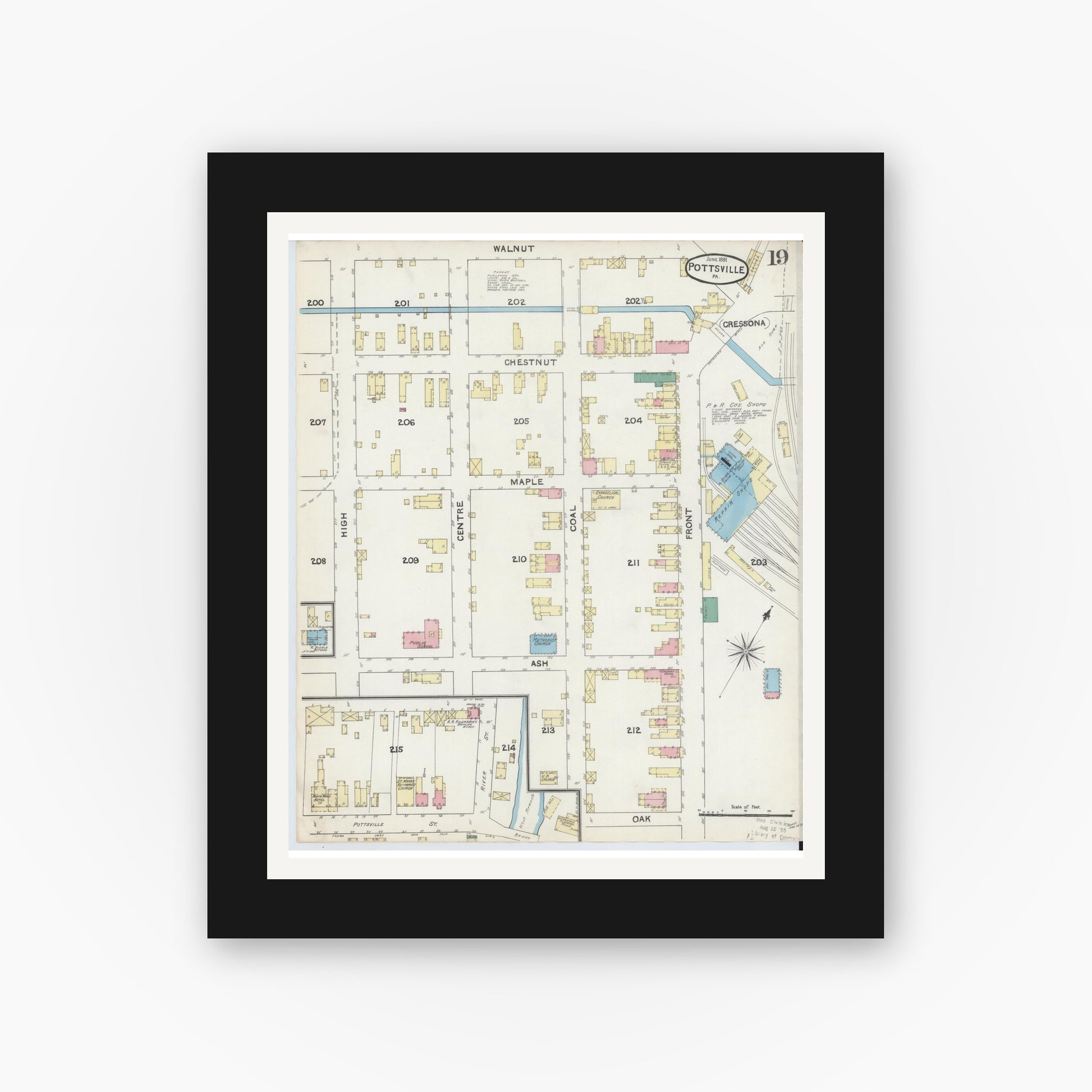 Old map wall art mockup — black gallery frame with white mat — Sanborn Fire Insurance Map from Pottsville, Schuylkill County, Pennsylvania (1891), Sheet #0019