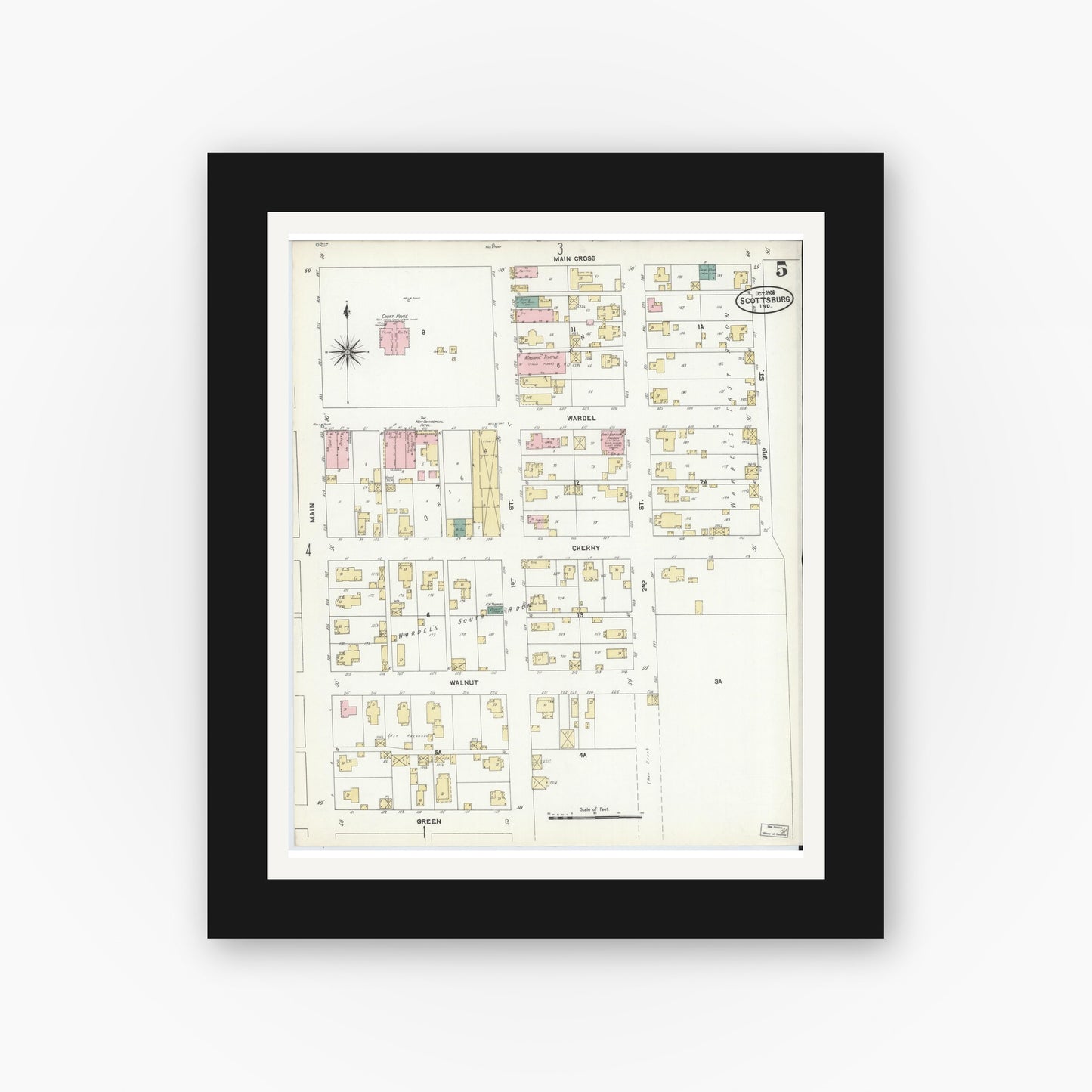 Old map wall art mockup — black gallery frame with white mat — Sanborn Fire Insurance Map from Scottsburg, Scott County, Indiana (1906), Sheet #0005