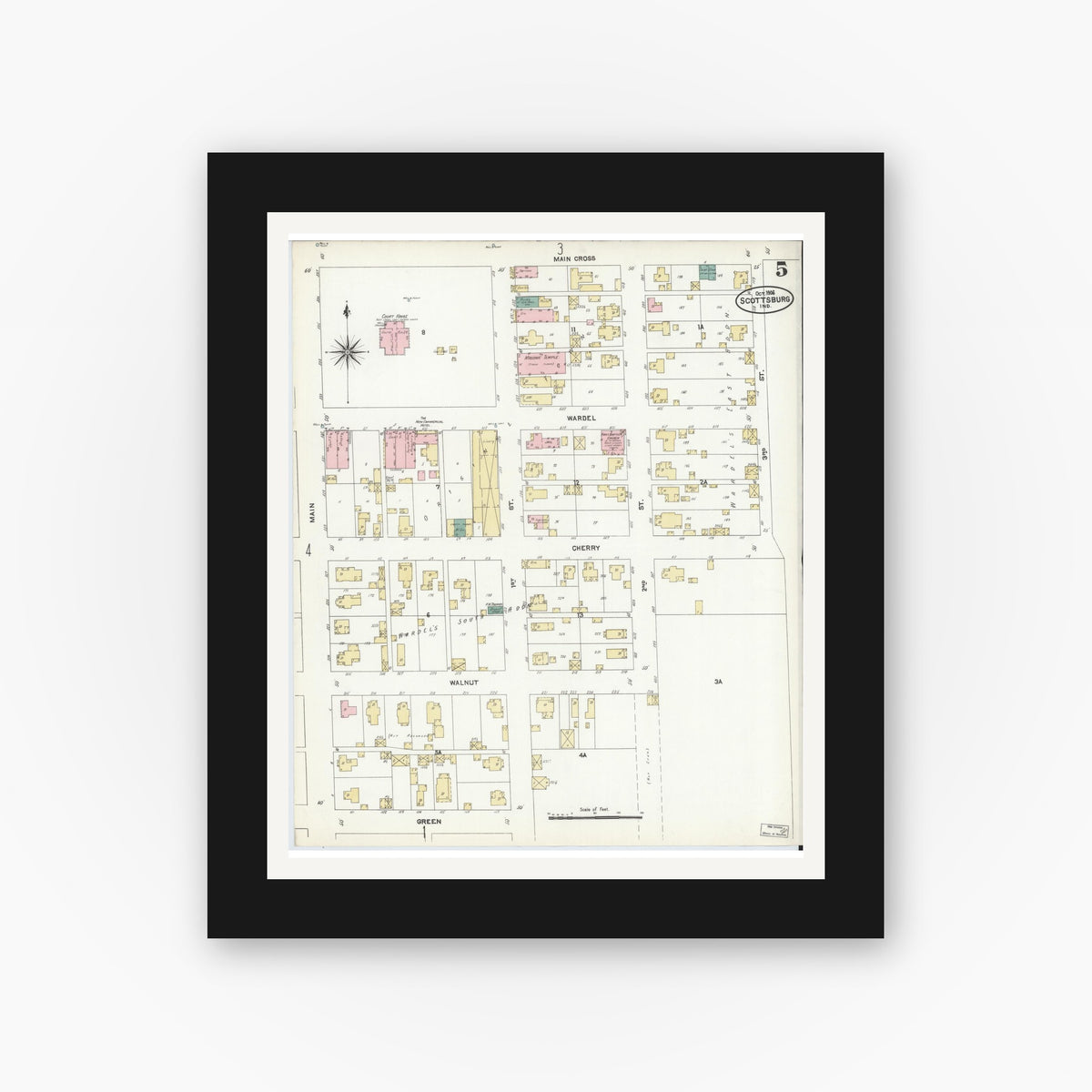 Old map wall art mockup — black gallery frame with white mat — Sanborn Fire Insurance Map from Scottsburg, Scott County, Indiana (1906), Sheet #0005