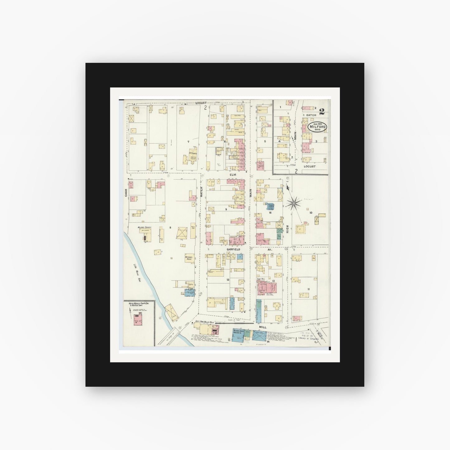 Old map wall art mockup — black gallery frame with white mat — Sanborn Fire Insurance Map from Milford, Clermont And Hamilton County, Ohio (1905), Sheet #0002