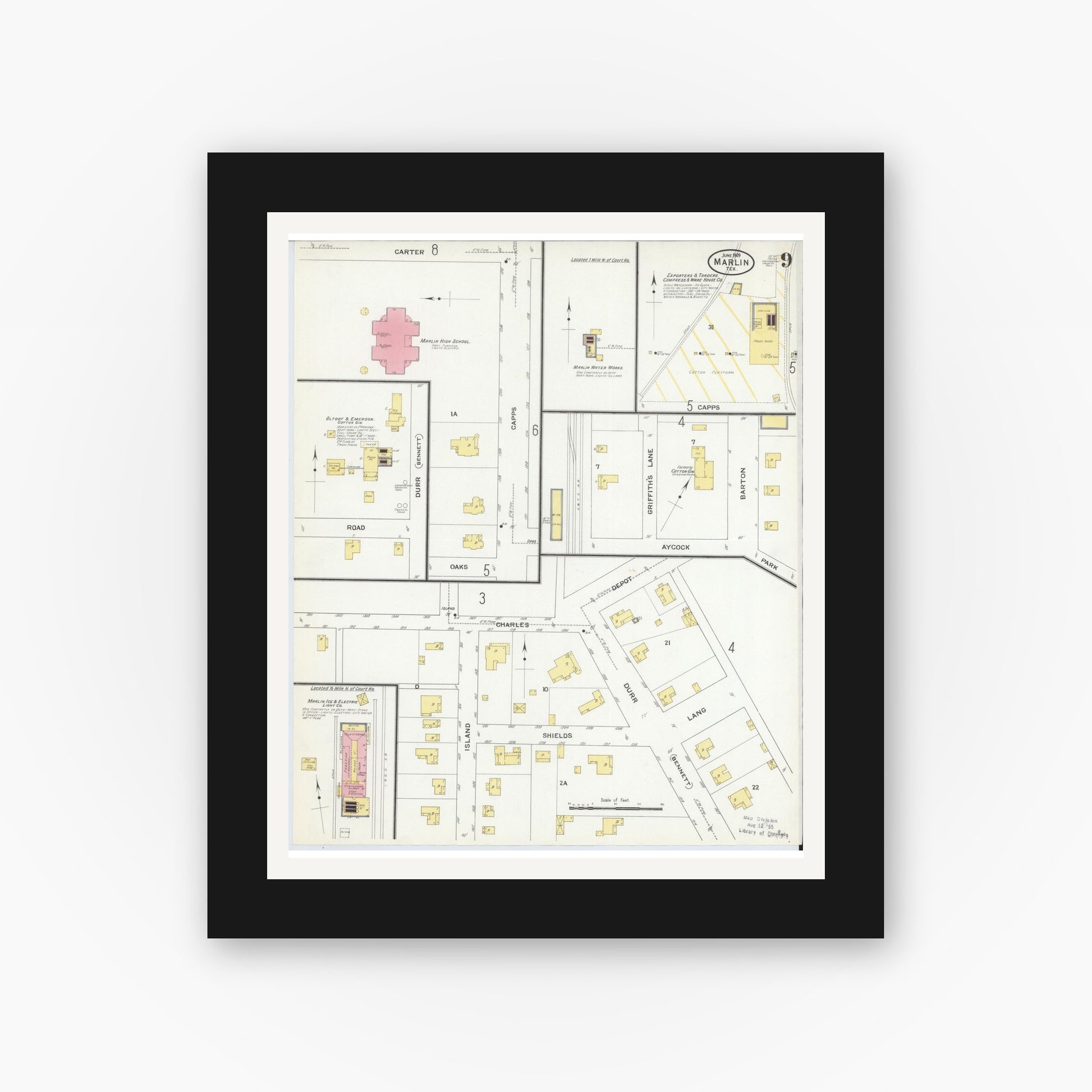 Old map wall art mockup — black gallery frame with white mat — Sanborn Fire Insurance Map from Marlin, Falls County, Texas (1909), Sheet #0009