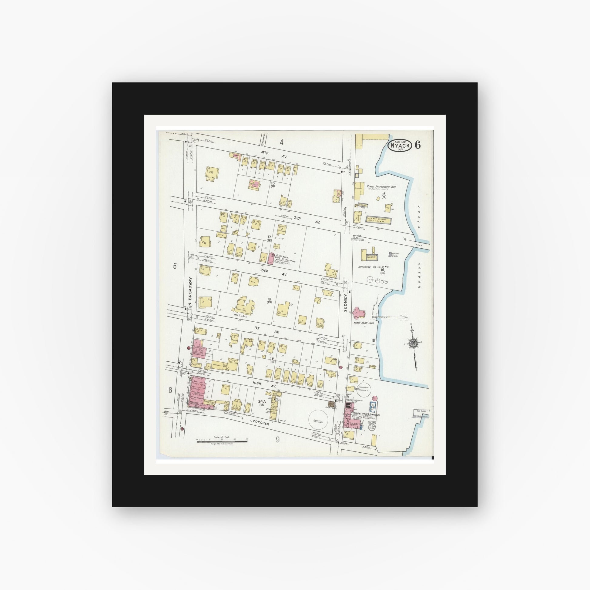 Old map wall art mockup — black gallery frame with white mat — Sanborn Fire Insurance Map from Nyack, Rockland County, New York. (1919), Sheet #0006