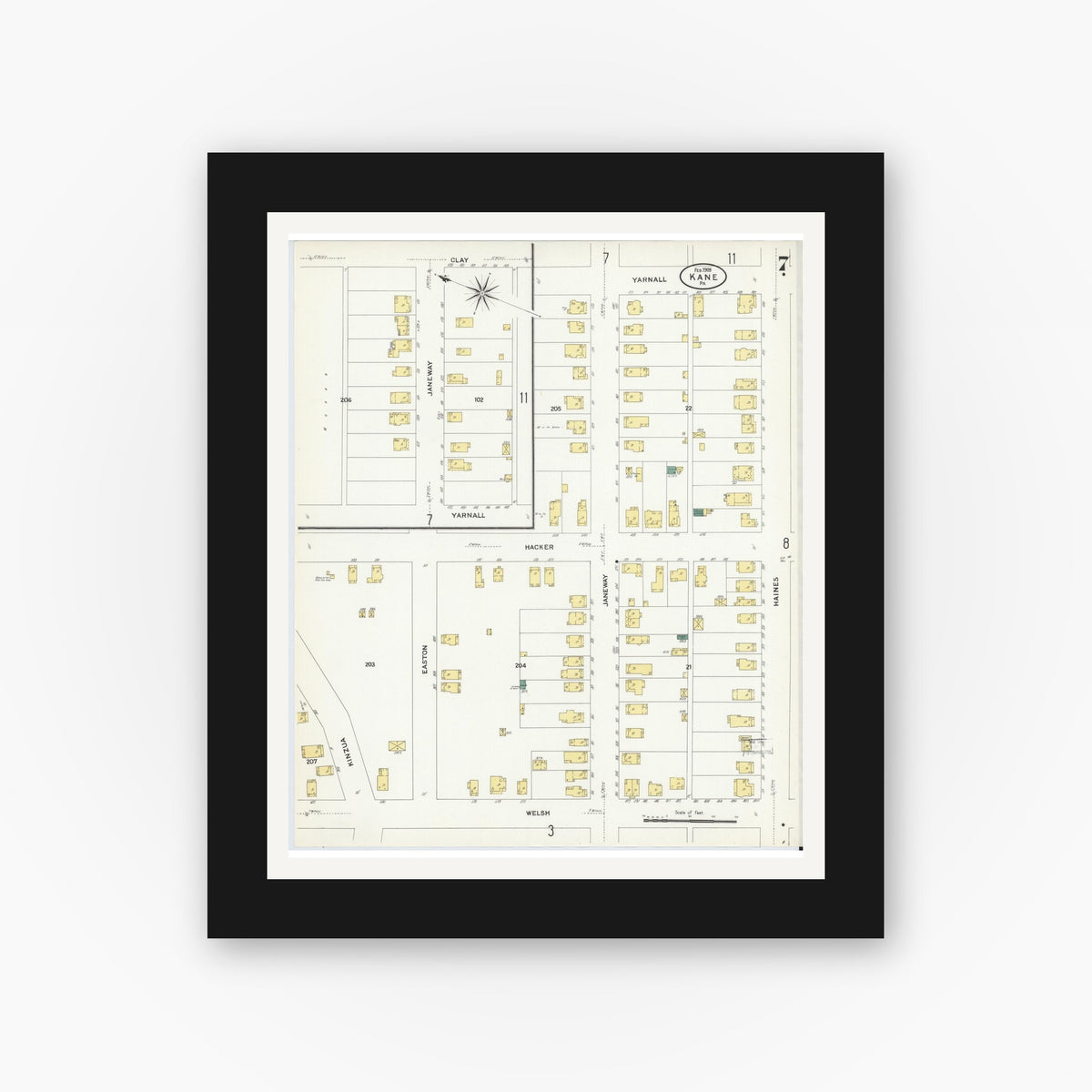 Old map wall art mockup — black gallery frame with white mat — Sanborn Fire Insurance Map from Kane, McKean County, Pennsylvania (1909), Sheet #0007