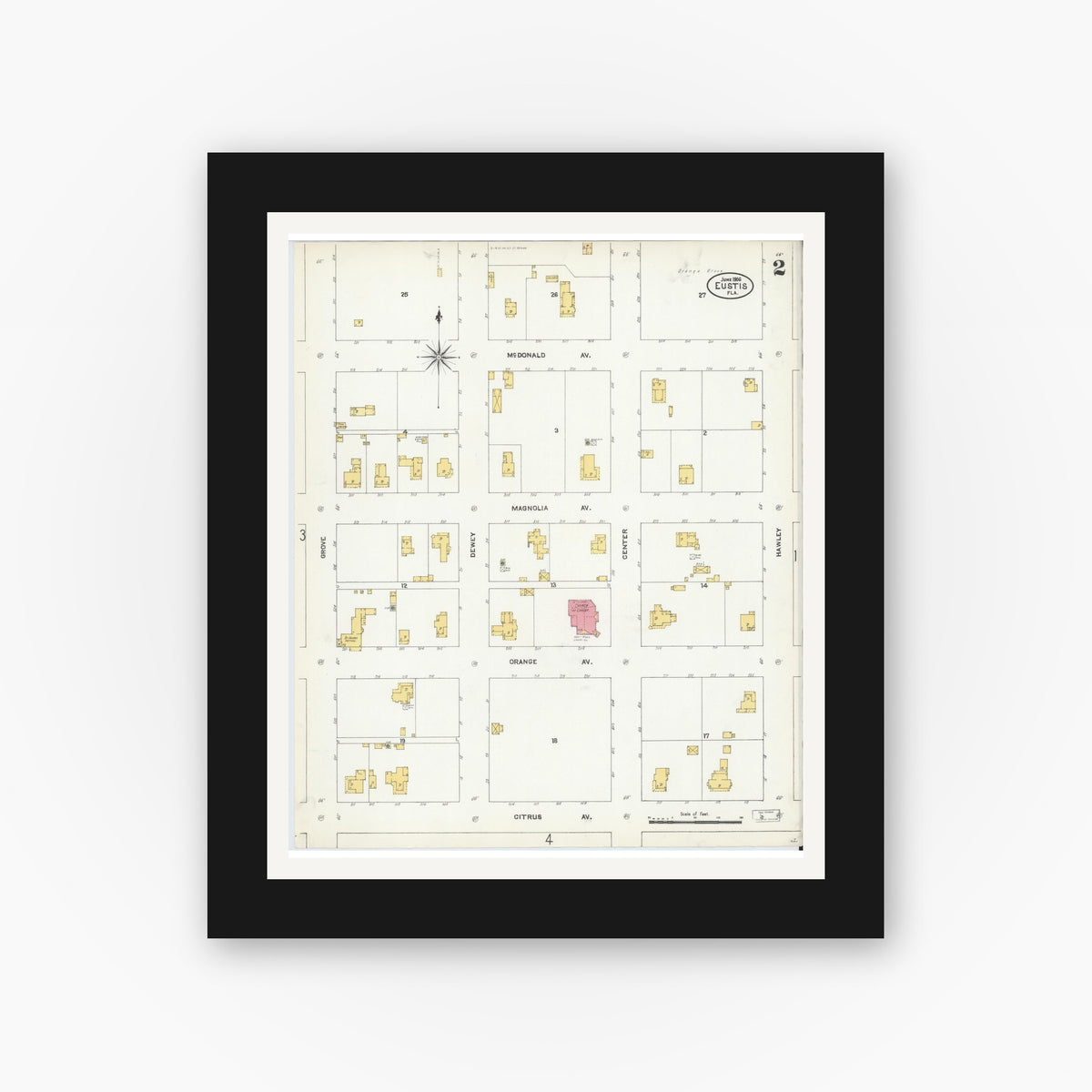 Old map wall art mockup — black gallery frame with white mat — Sanborn Fire Insurance Map from Eustis, Lake County, Florida (1906), Sheet #0002