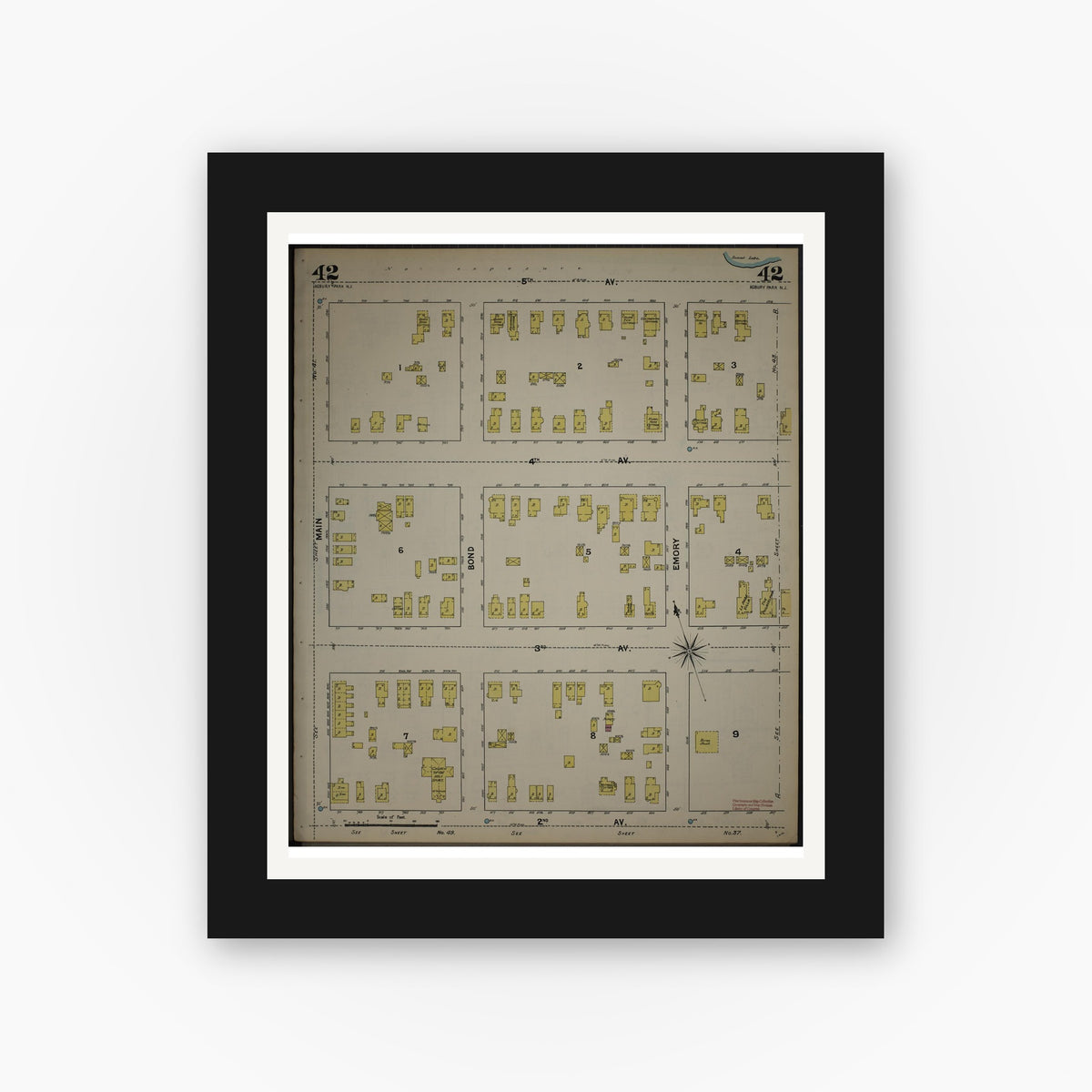 Old map wall art mockup — black gallery frame with white mat — Sanborn Fire Insurance Map from New Jersey Coast, New Jersey Coast, New Jersey (1890), Sheet #0042