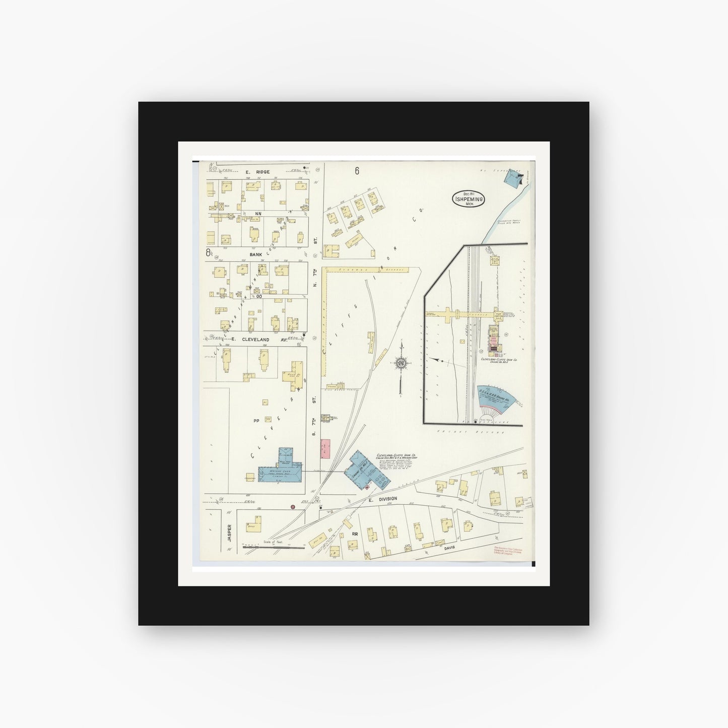 Old map wall art mockup — black gallery frame with white mat — Sanborn Fire Insurance Map from Ishpeming, Marquette County, Michigan (1911), Sheet #0007