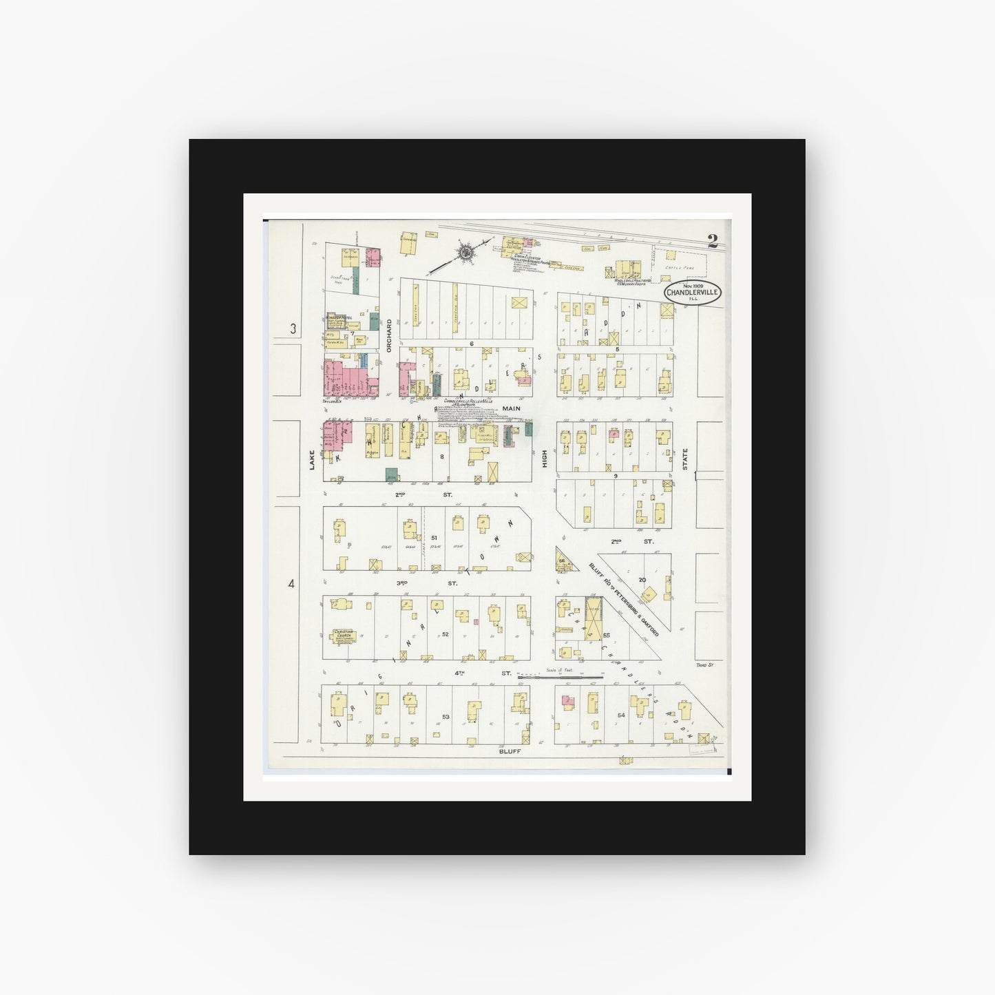 Old map wall art mockup — black gallery frame with white mat — Sanborn Fire Insurance Map from Chandlerville, Cass County, Illinois (1909), Sheet #0002
