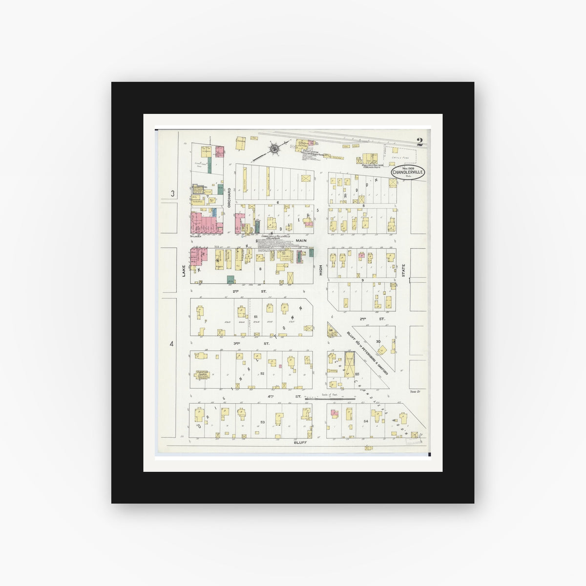 Old map wall art mockup — black gallery frame with white mat — Sanborn Fire Insurance Map from Chandlerville, Cass County, Illinois (1909), Sheet #0002