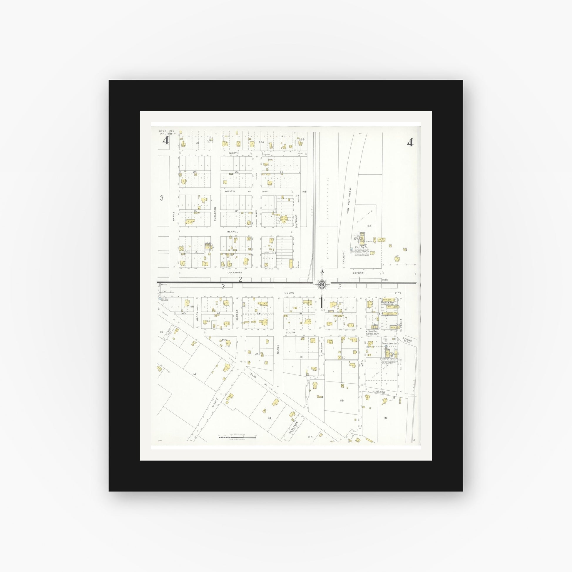 Old map wall art mockup — black gallery frame with white mat — Sanborn Fire Insurance Map from Kyle, Hays County, Texas (1936), Sheet #0004