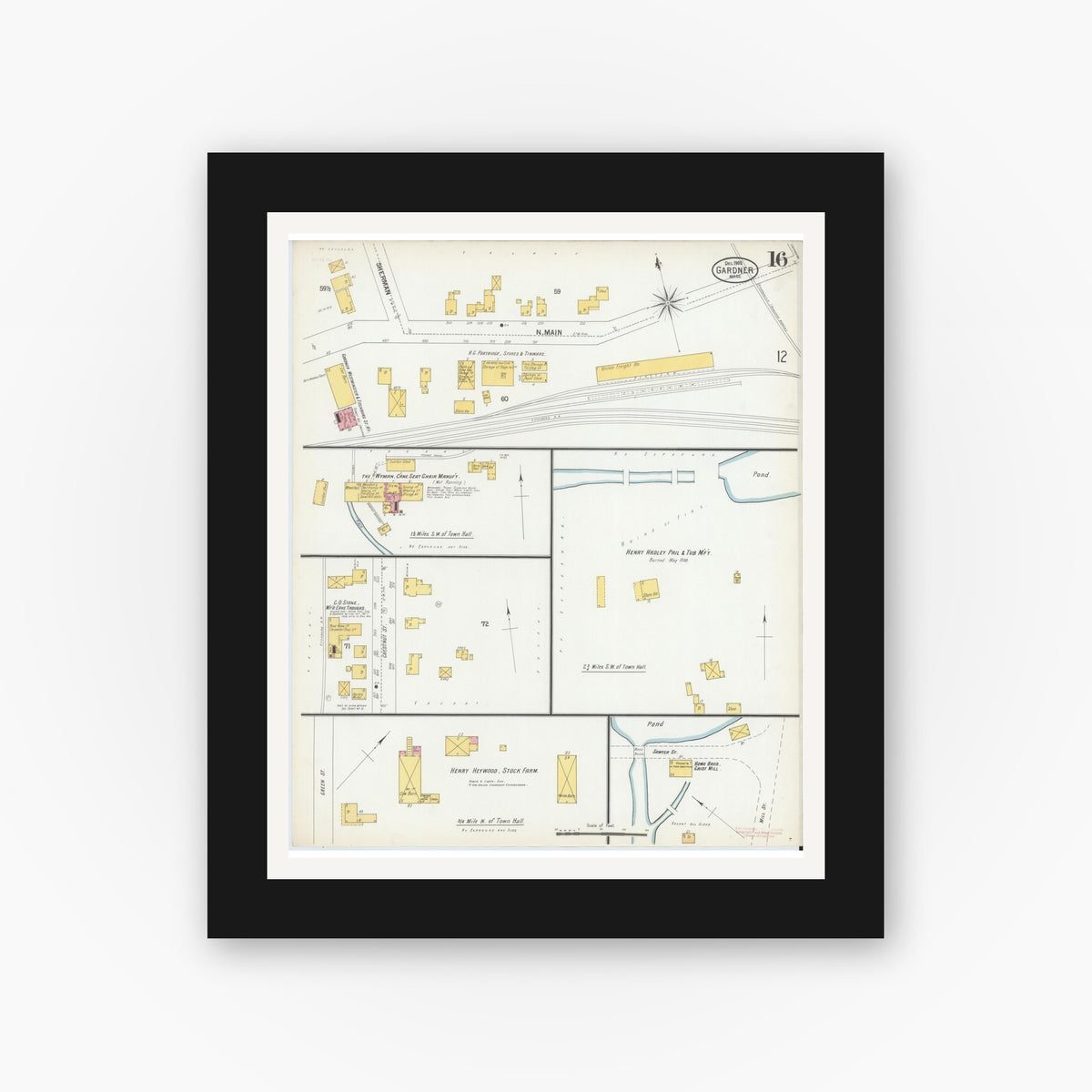 Old map wall art mockup — black gallery frame with white mat — Sanborn Fire Insurance Map from Gardner, Worcester County, Massachusetts (1900), Sheet #0016