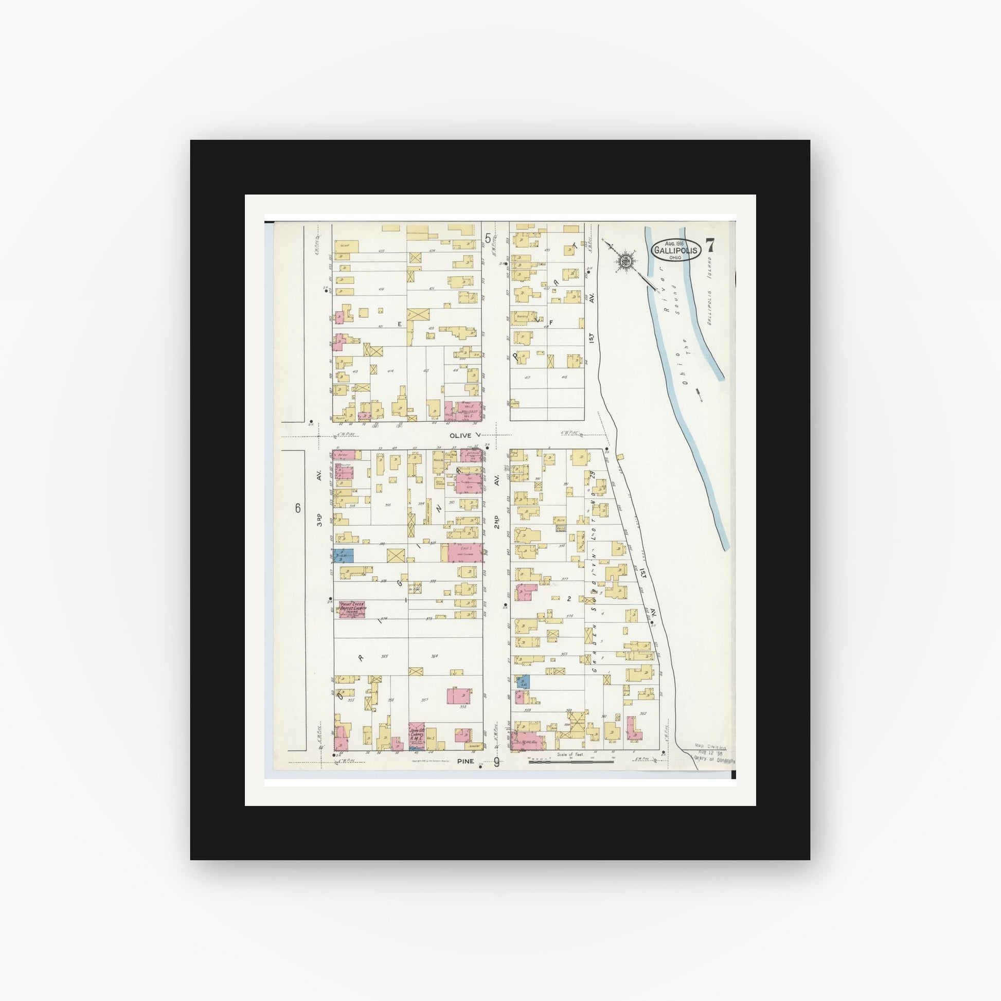 Old map wall art mockup — black gallery frame with white mat — Sanborn Fire Insurance Map from Gallipolis, Gallia County, Ohio (1916), Sheet #0007