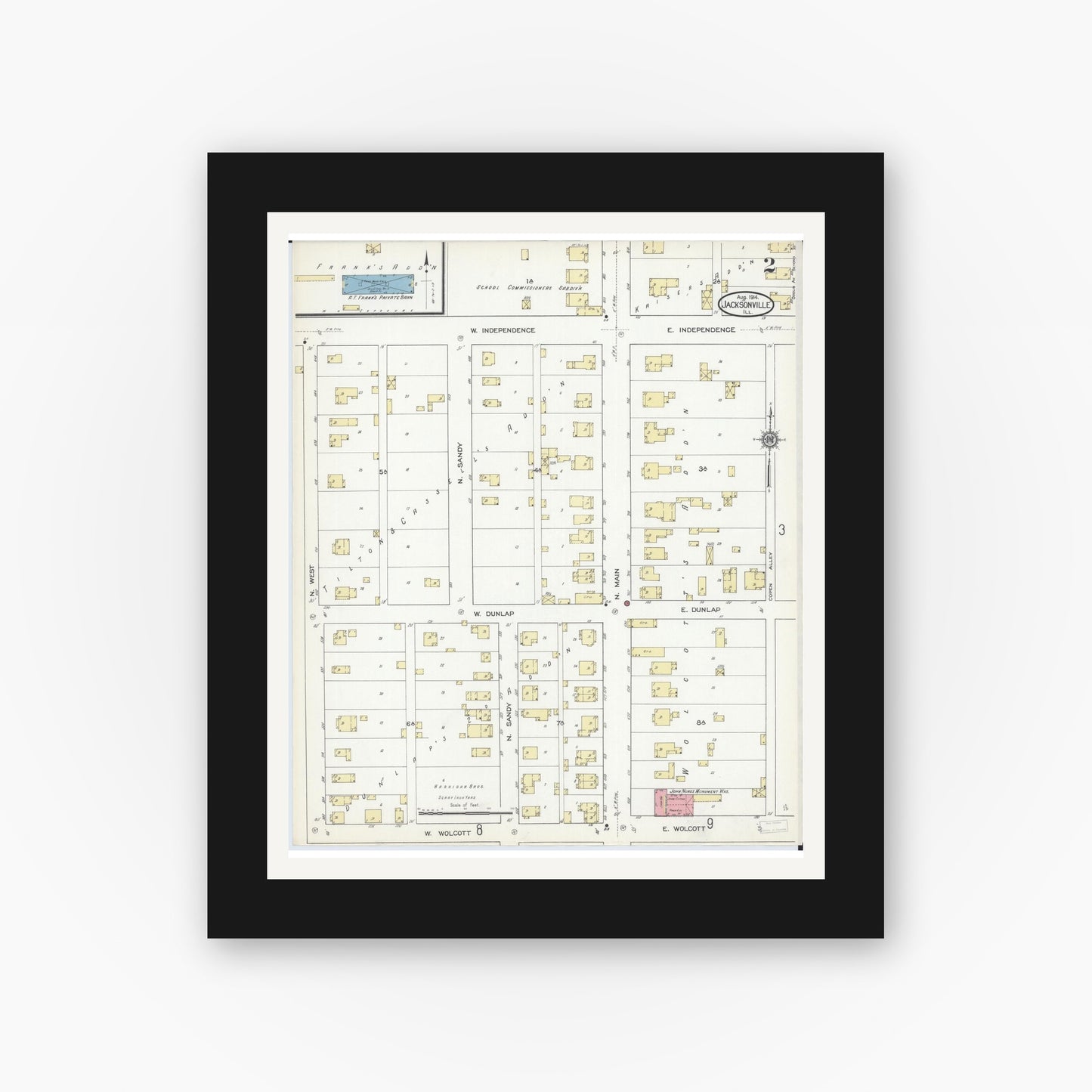 Old map wall art mockup — black gallery frame with white mat — Sanborn Fire Insurance Map from Jacksonville, Morgan County, Illinois (1914), Sheet #0002