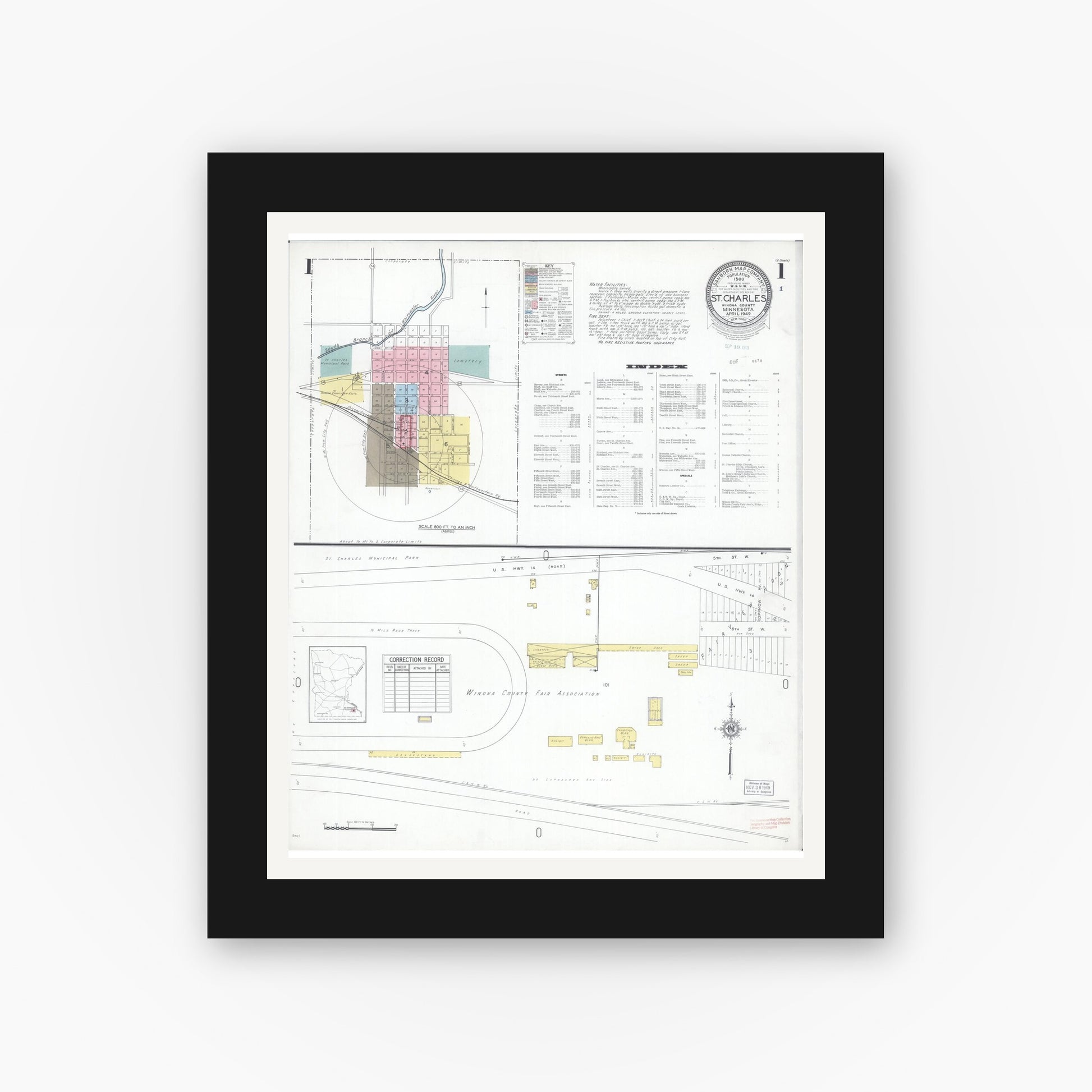 Old map wall art mockup — black gallery frame with white mat — Sanborn Fire Insurance Map from Saint Charles, Winona County, Minnesota (1949) - Complete Map Set