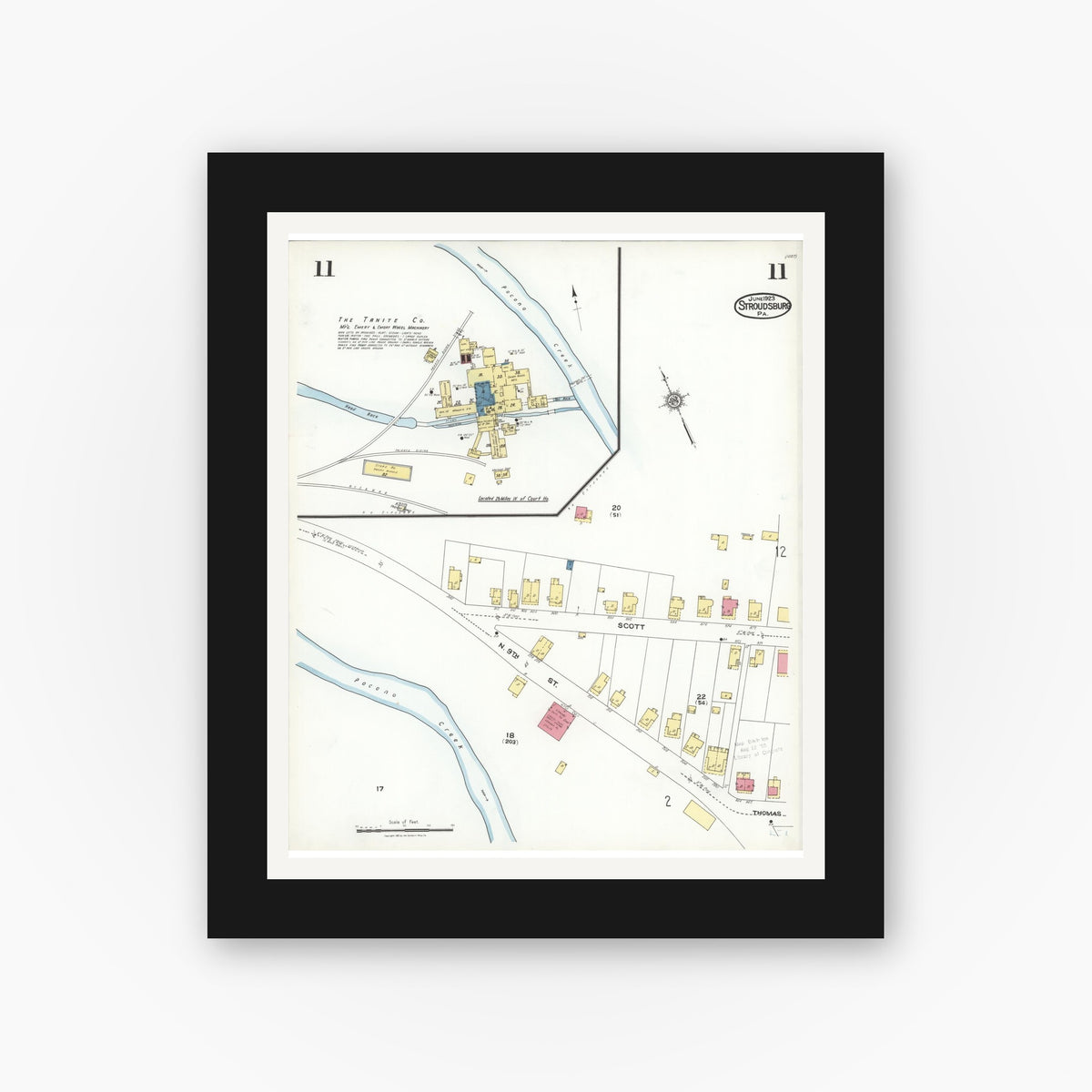 Old map wall art mockup — black gallery frame with white mat — Sanborn Fire Insurance Map from Stroudsburg, Monroe County, Pennsylvania (1923), Sheet #0011