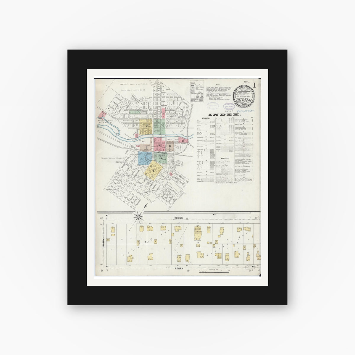 Old map wall art mockup — black gallery frame with white mat — Sanborn Fire Insurance Map from Belvidere, Boone County, Illinois (1897), Sheet #0001
