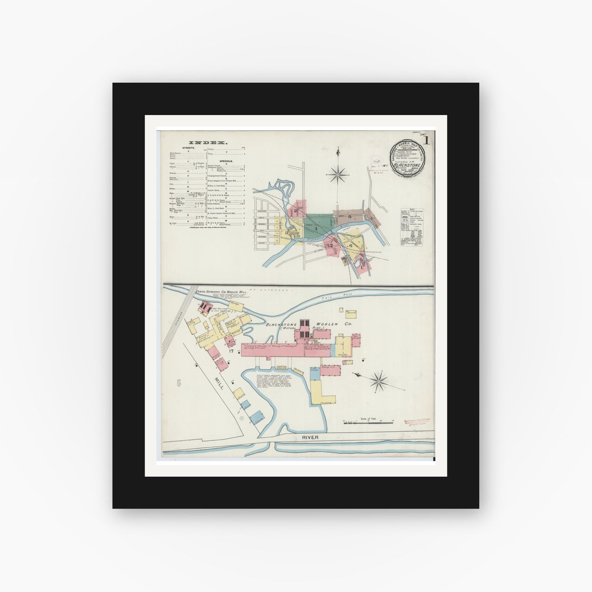 Old map wall art mockup — black gallery frame with white mat — Sanborn Fire Insurance Map from Blackstone, Worcester County, Massachusetts (1893) - Complete Map Set
