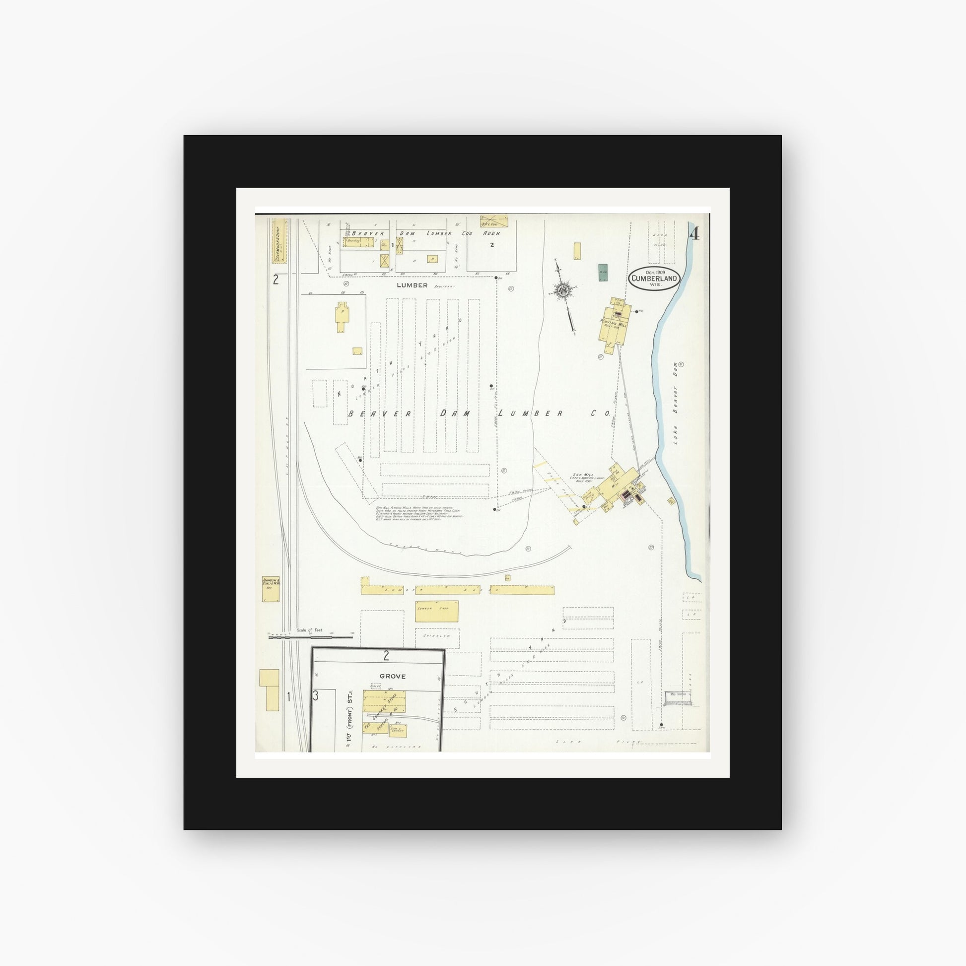 Old map wall art mockup — black gallery frame with white mat — Sanborn Fire Insurance Map from Cumberland, Barron County, Wisconsin (1909), Sheet #0004