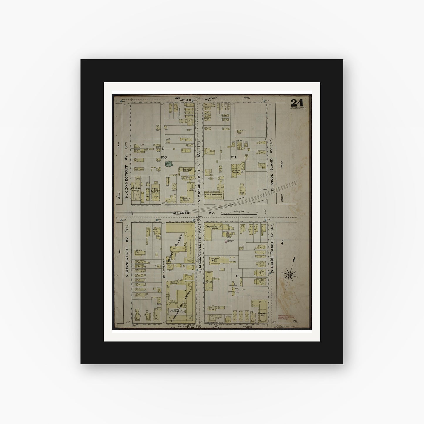 Old map wall art mockup — black gallery frame with white mat — Sanborn Fire Insurance Map from Atlantic City, Atlantic County, New Jersey (1886), Sheet #0024