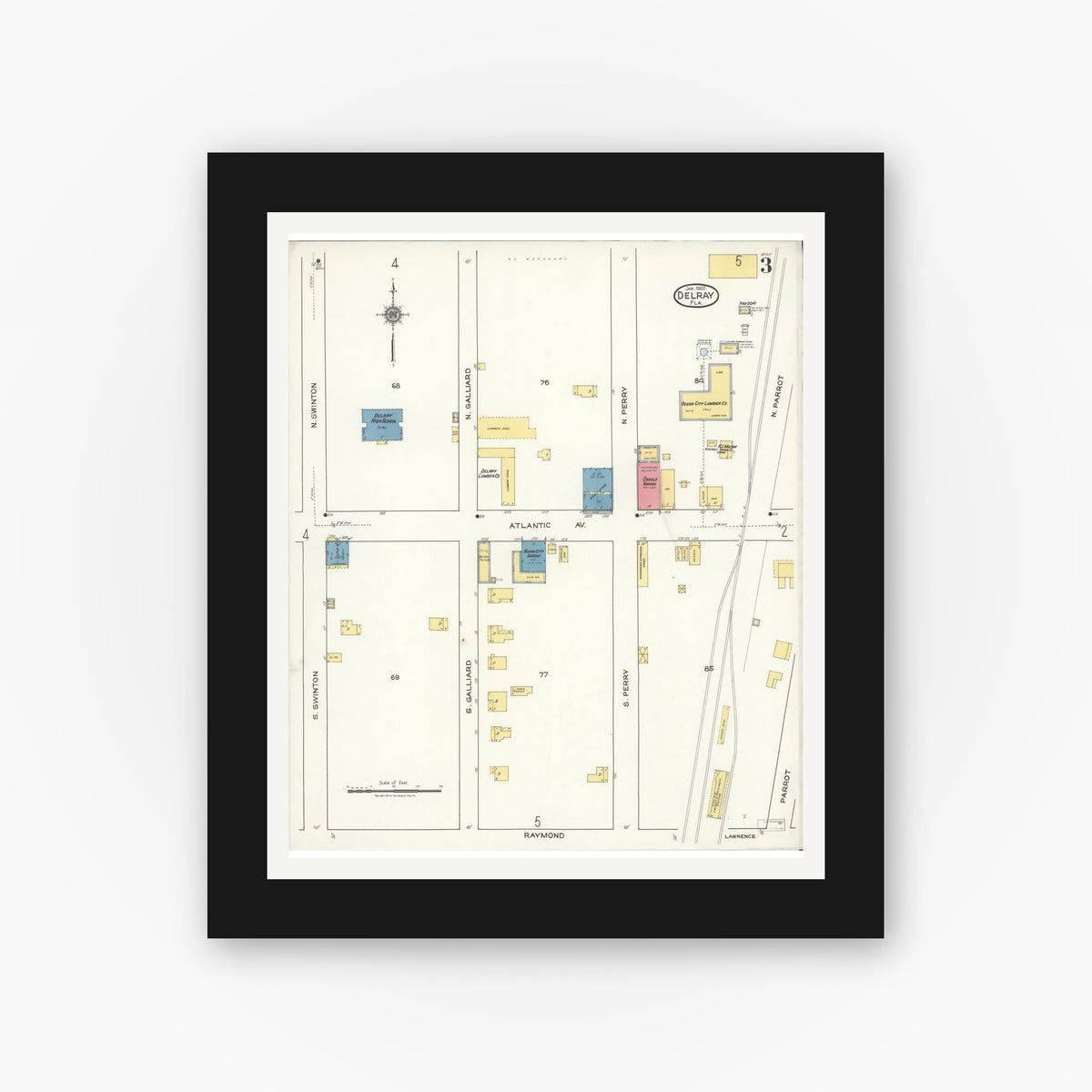 Old map wall art mockup — black gallery frame with white mat — Sanborn Fire Insurance Map from Delray, Palm Beach County, Florida (1922), Sheet #0003