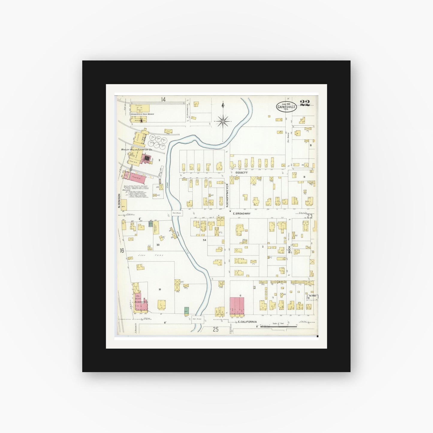 Old map wall art mockup — black gallery frame with white mat — Sanborn Fire Insurance Map from Gainesville, Cooke County, Texas (1908), Sheet #0022