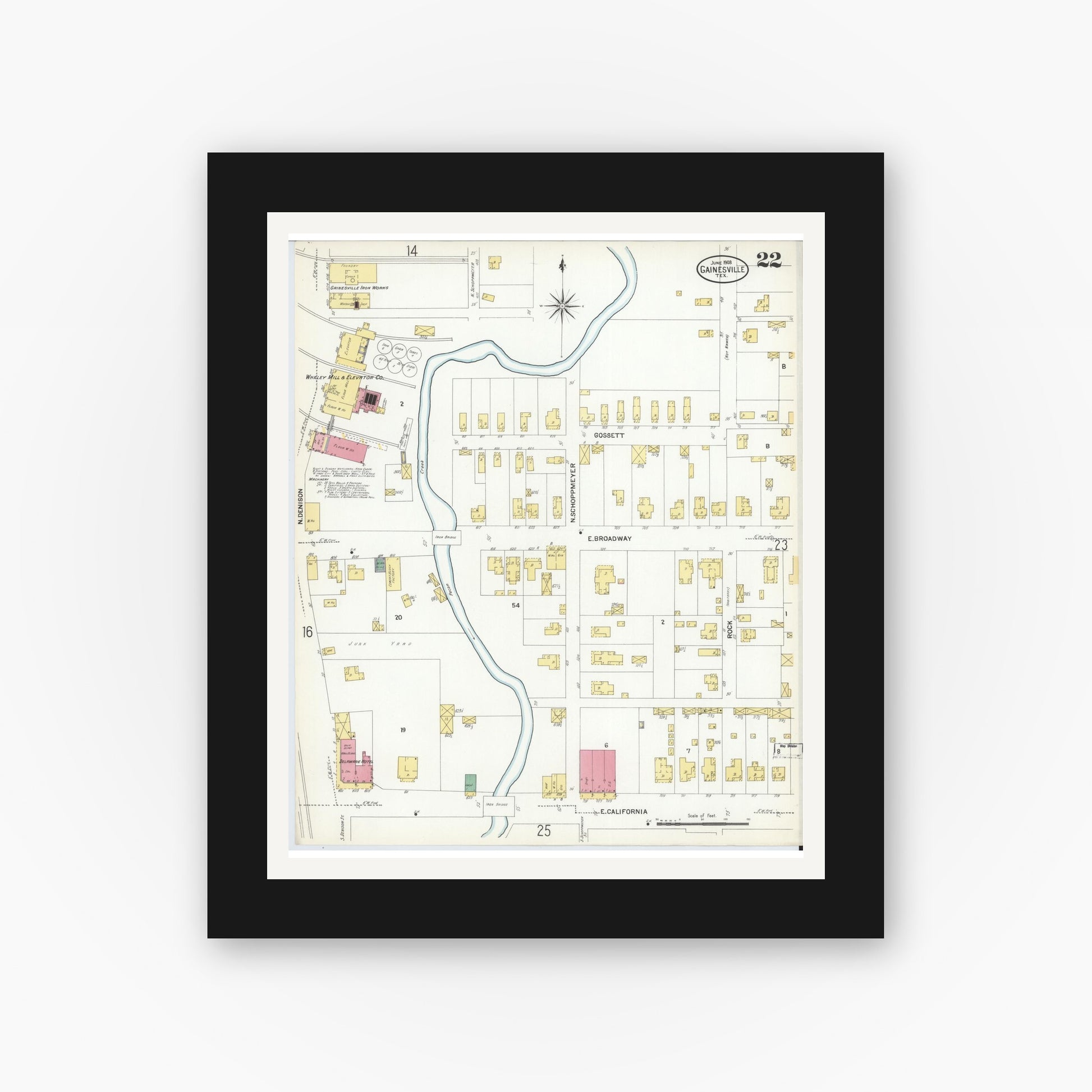 Old map wall art mockup — black gallery frame with white mat — Sanborn Fire Insurance Map from Gainesville, Cooke County, Texas (1908), Sheet #0022