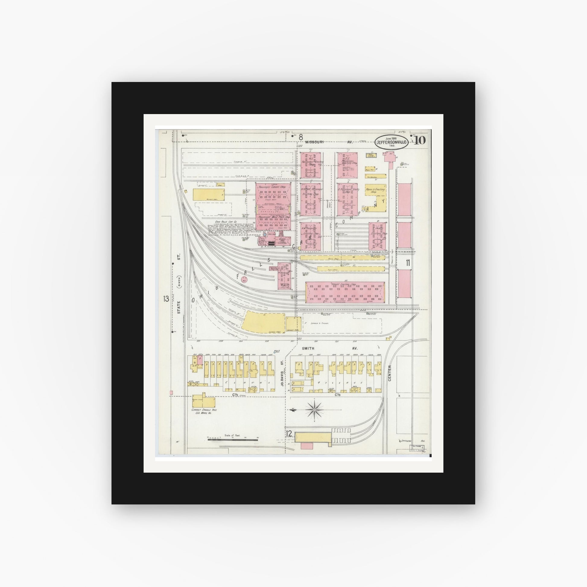 Old map wall art mockup — black gallery frame with white mat — Sanborn Fire Insurance Map from Jeffersonville, Clark County, Indiana (1898), Sheet #0010