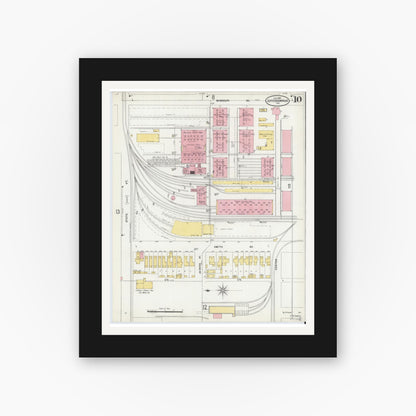 Old map wall art mockup — black gallery frame with white mat — Sanborn Fire Insurance Map from Jeffersonville, Clark County, Indiana (1898), Sheet #0010