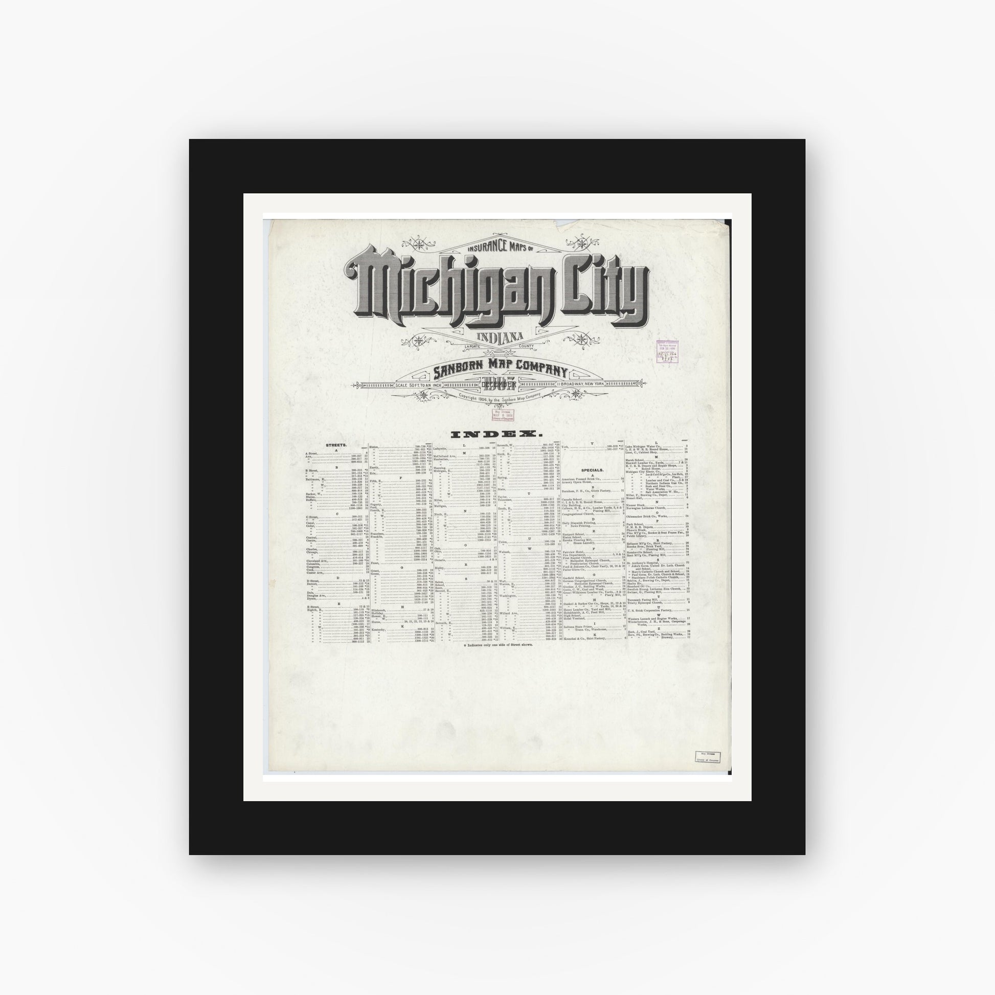 Old map wall art mockup — black gallery frame with white mat — Sanborn Fire Insurance Map from Michigan City, La Porte County, Indiana (1905), Sheet #0001