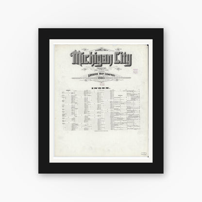 Old map wall art mockup — black gallery frame with white mat — Sanborn Fire Insurance Map from Michigan City, La Porte County, Indiana (1905), Sheet #0001