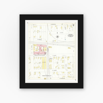 Old map wall art mockup — black gallery frame with white mat — Sanborn Fire Insurance Map from Fairfield, Jefferson County, Iowa (1907), Sheet #0002