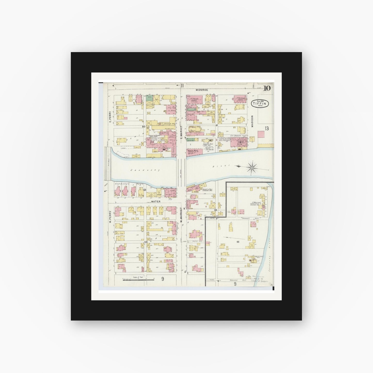 Old map wall art mockup — black gallery frame with white mat — Sanborn Fire Insurance Map from Tiffin, Seneca County, Ohio (1896), Sheet #0010