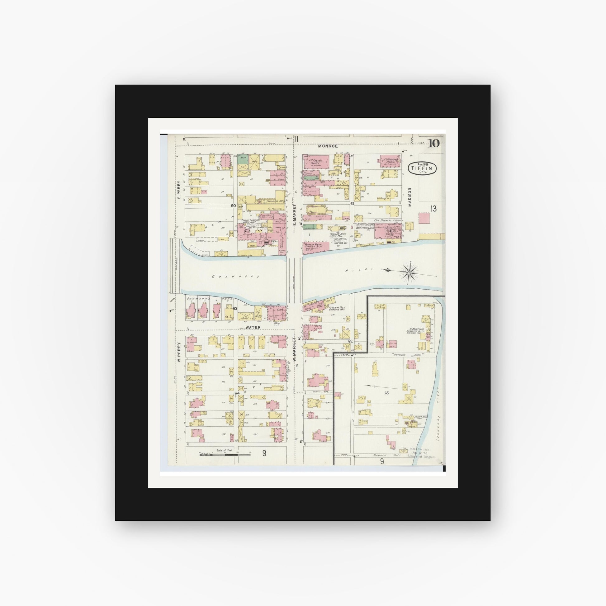 Old map wall art mockup — black gallery frame with white mat — Sanborn Fire Insurance Map from Tiffin, Seneca County, Ohio (1896), Sheet #0010