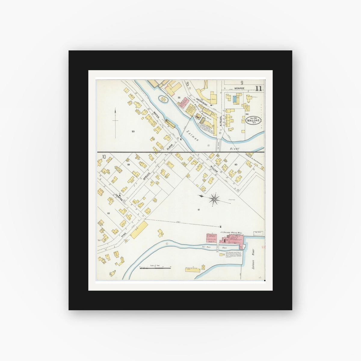 Old map wall art mockup — black gallery frame with white mat — Sanborn Fire Insurance Map from Malone, Franklin County, New York (1903), Sheet #0011